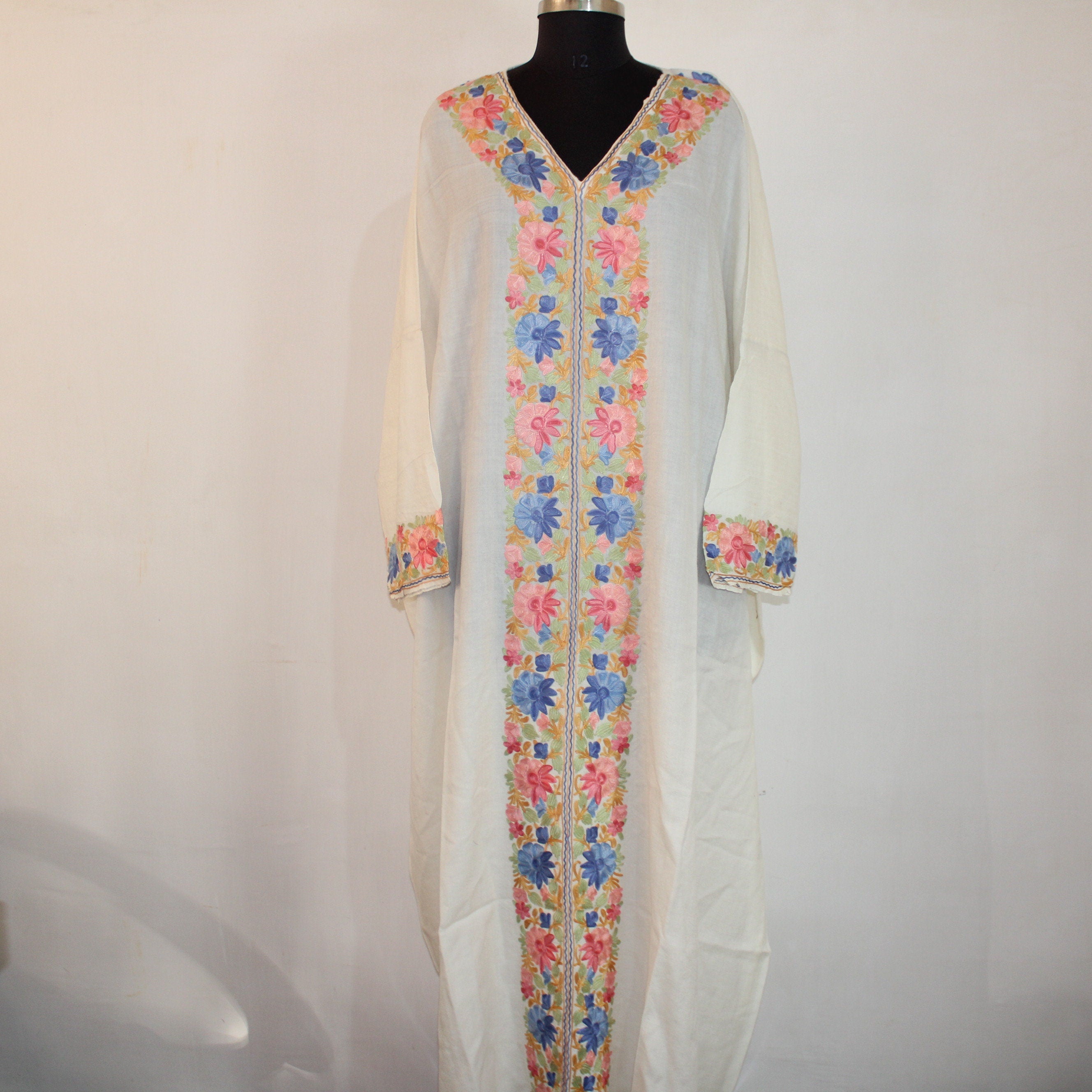 Kashmiri Aari Embroidered pure merino wool Kaftan for Women, Handmade Kaftan Dress for Girls,