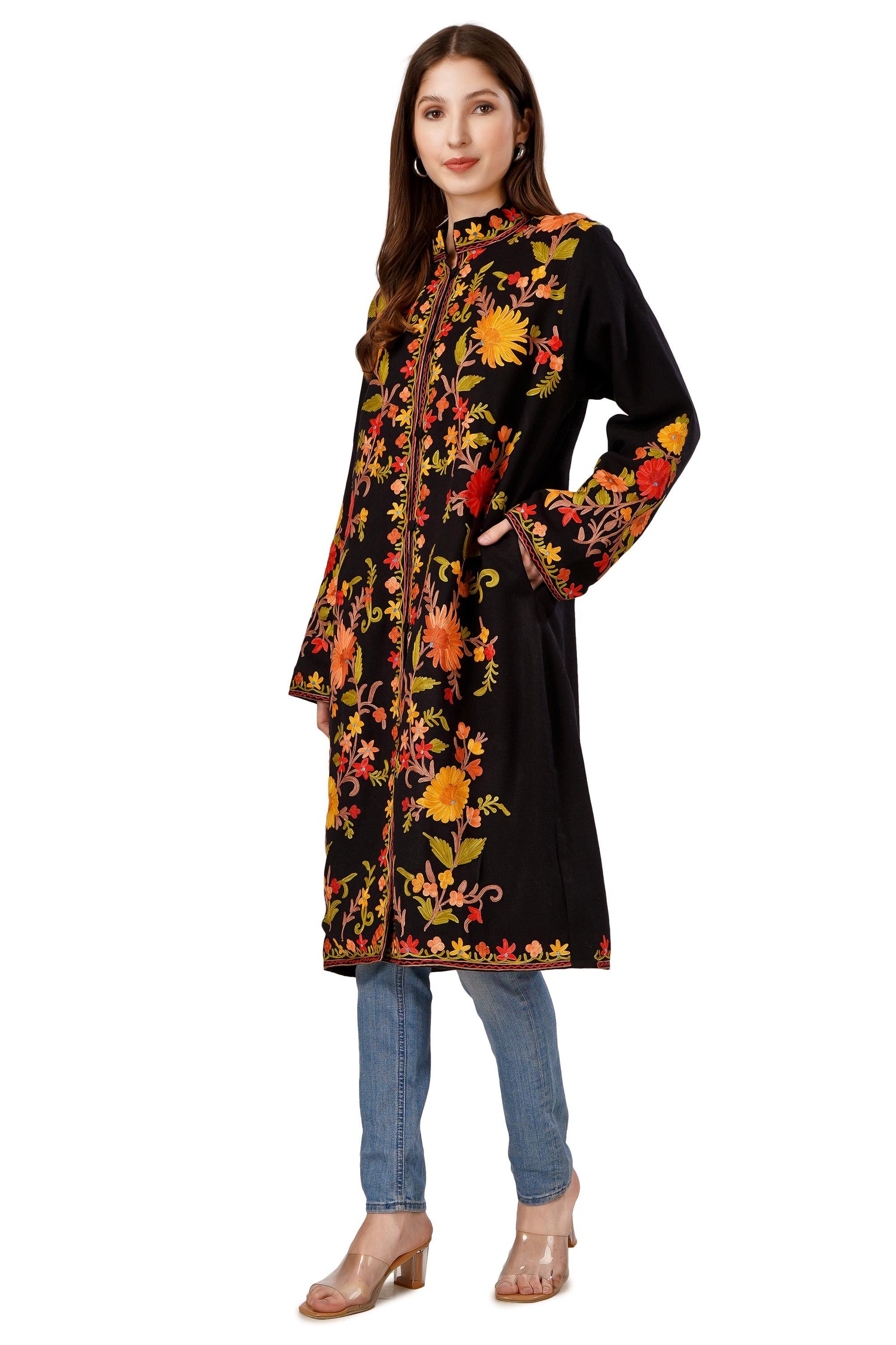 Kashmiri Aari Embroidered Long woollen Jacket, Winter Coat For Women, Floral Indian Jacket, Warm Cashmere Jacket