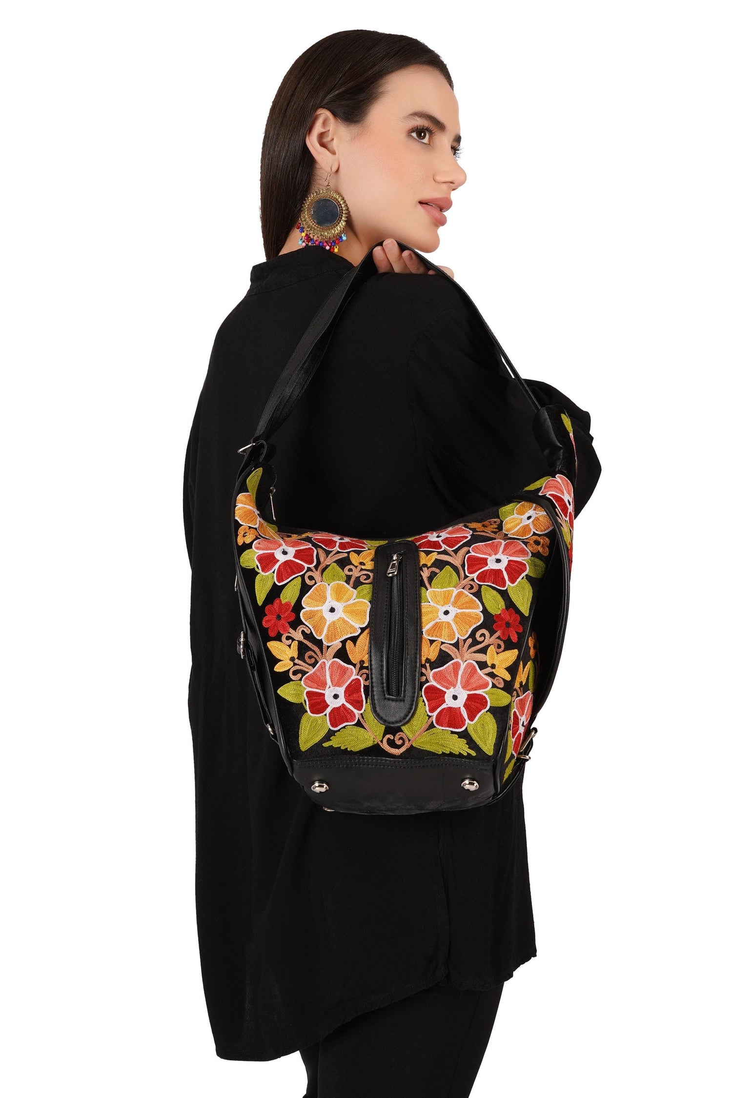 Kashmiri Handbag for Women, Handmade Embroidered Tote, Convertible Backpack, Slouchy Hobo, 2 in 1 bag