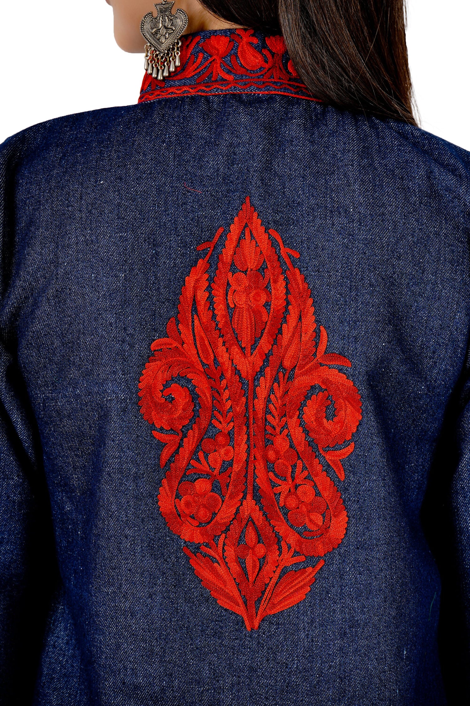 Kashmiri Aari Embroidered Denim Jacket, Short Embroidered Coat, Stylish Fusion of Culture and Trend, Jeans Jacket