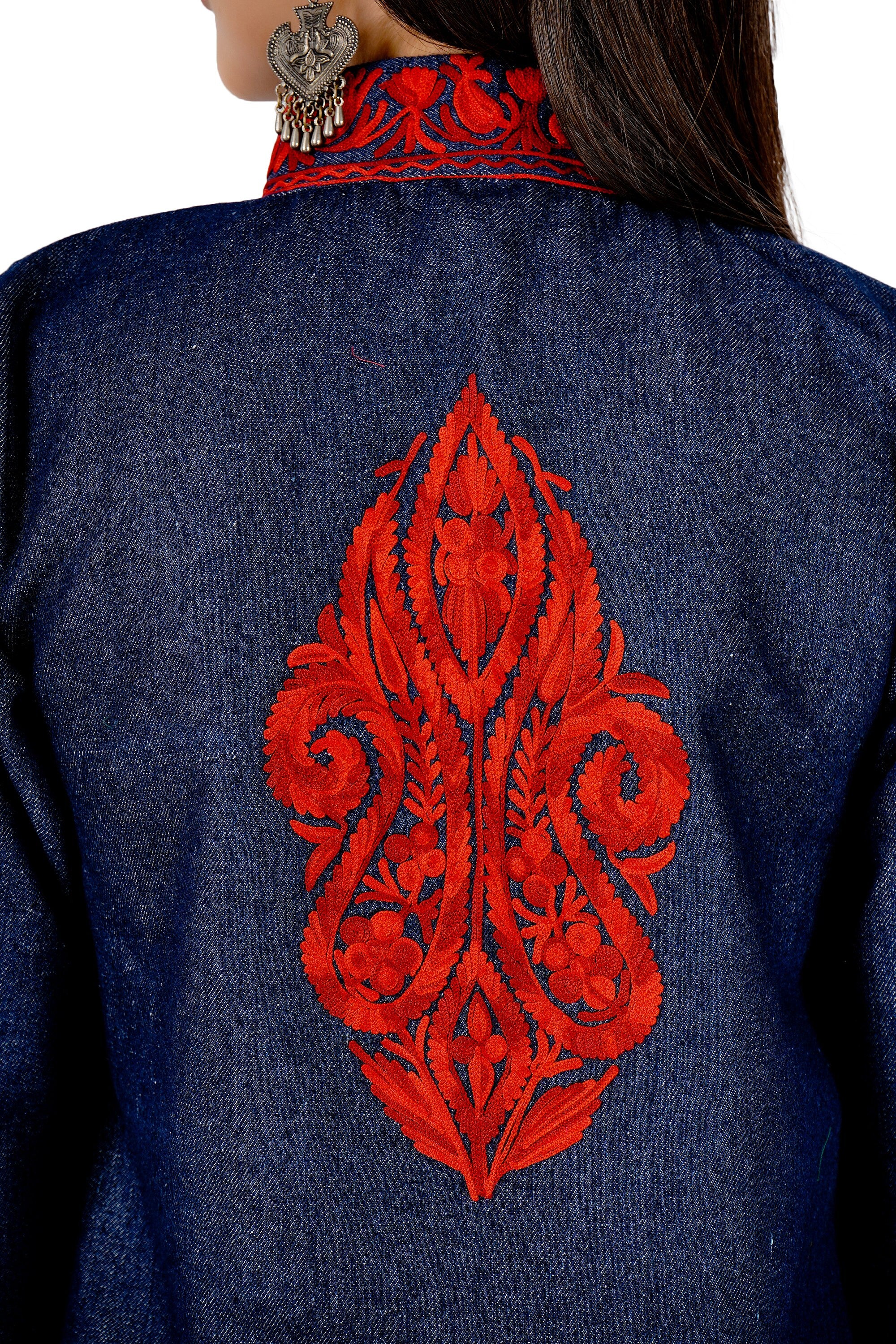 Kashmiri Aari Embroidered Denim Jacket, Short Embroidered Coat, Stylish Fusion of Culture and Trend, Jeans Jacket