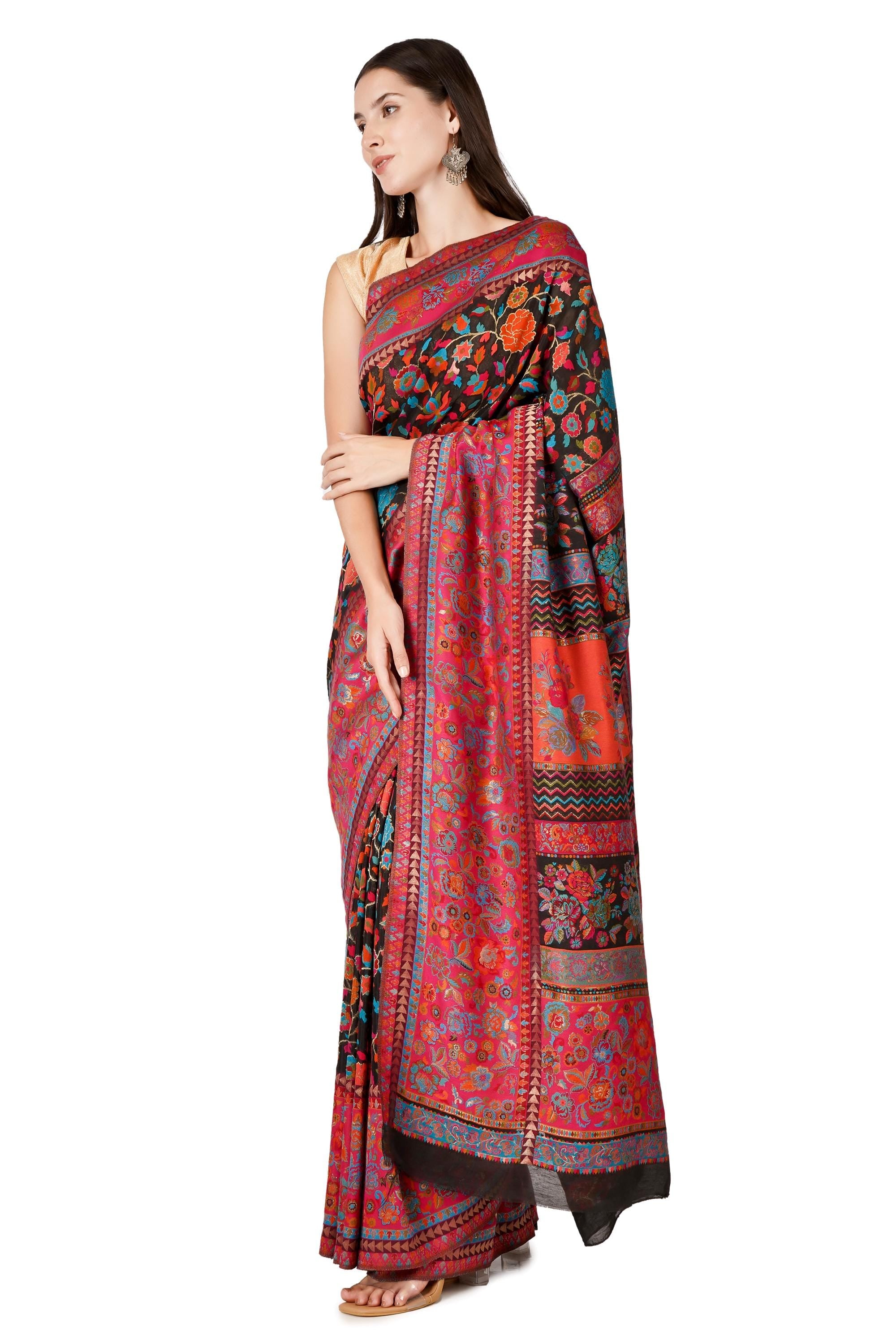 Jamawar Kashmiri Kani Silk Saree With Blouse, Black Sari, Indian Saree For Women, Pure Silk Woven Saree for Weddings, Partywear Saree