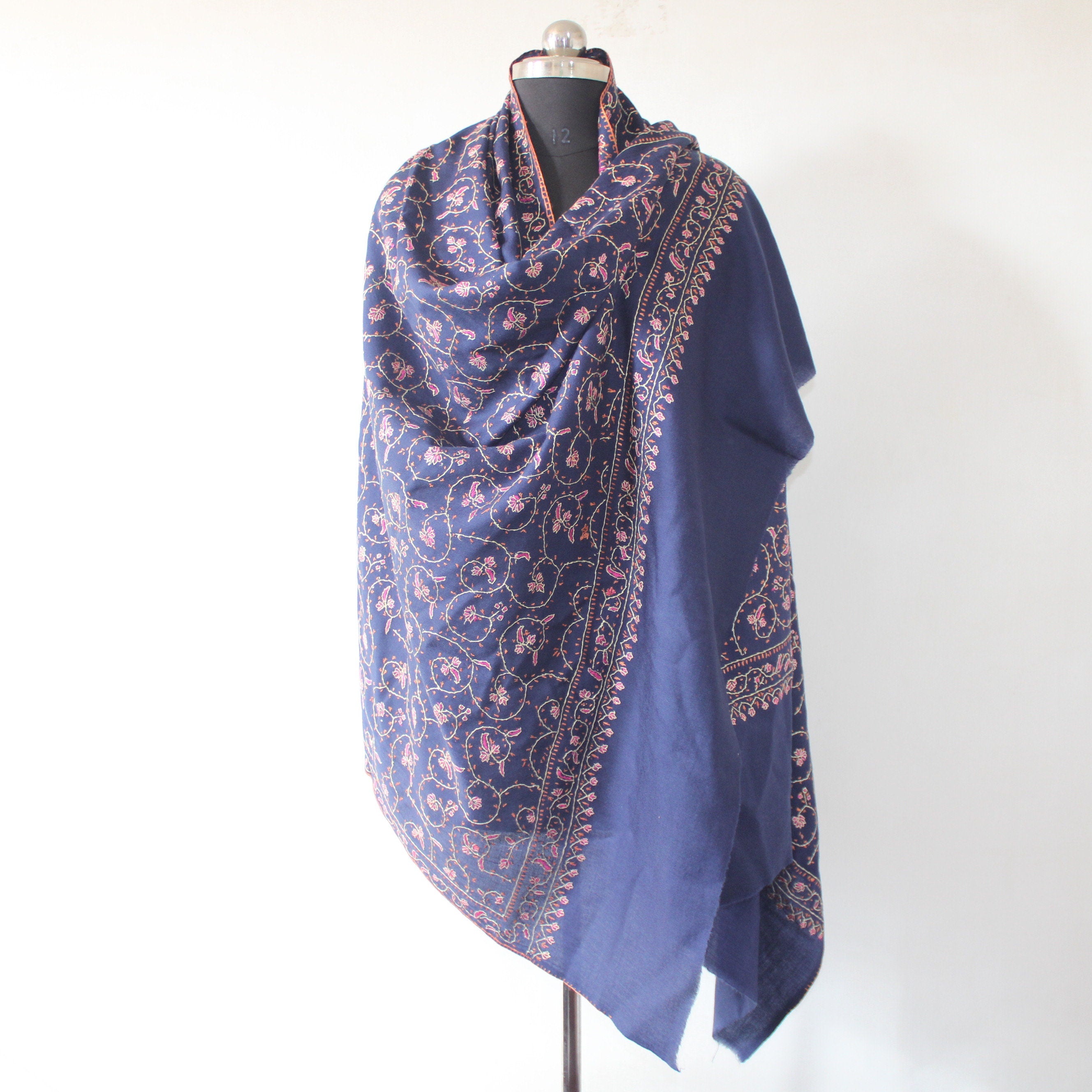 Kashmiri sozni Embroidery Shawl, Woolen embroidered shawl, Kashmiri Shawl For Women, sozni shawl, blue shawl, - BATIN