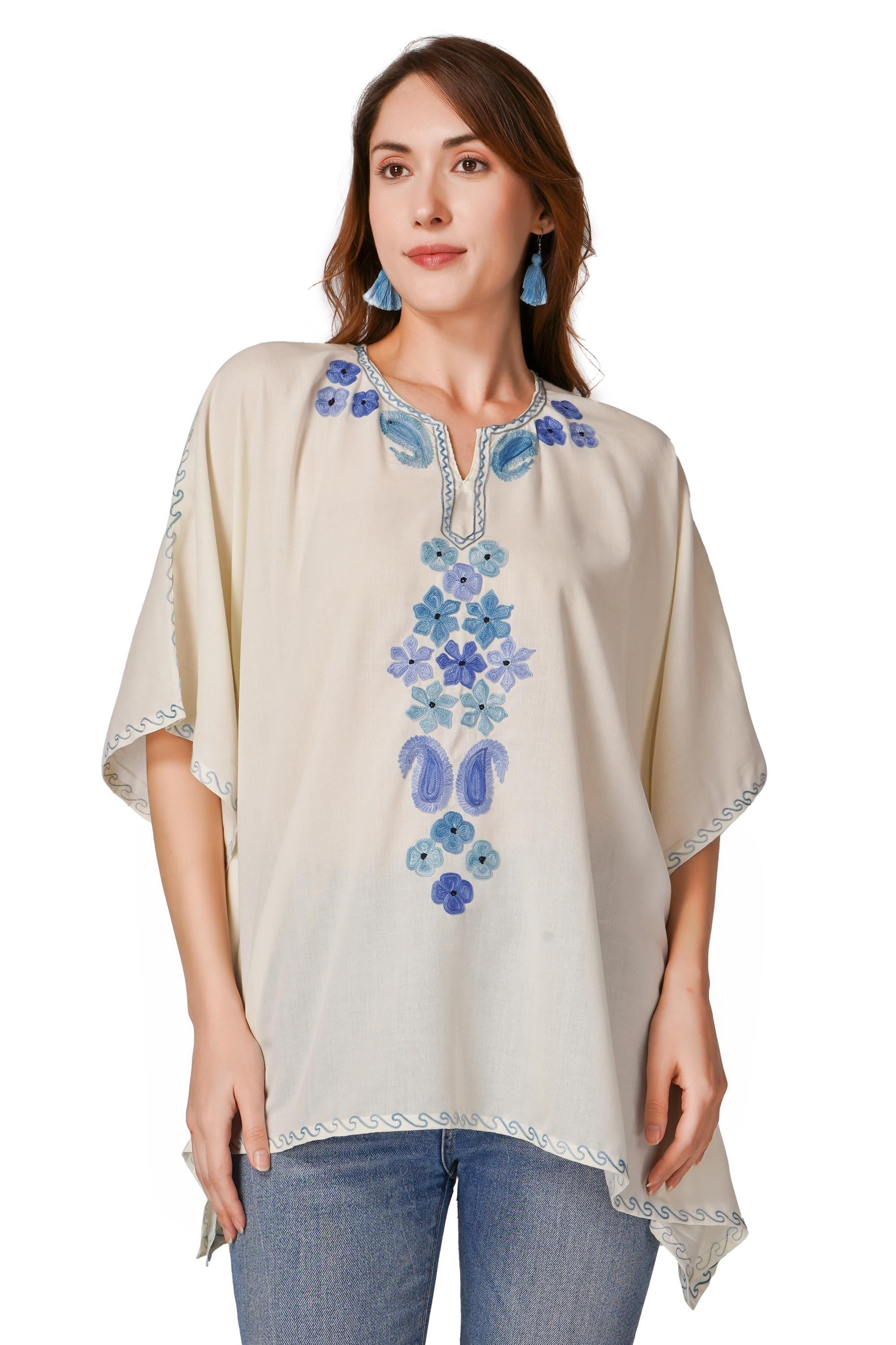 Kashmiri Aari Embroidered Womens Kaftan Kurti, Embroidered Cotton Kaftan Regular Fit Top, Short Kurti For Summer (Free Size)