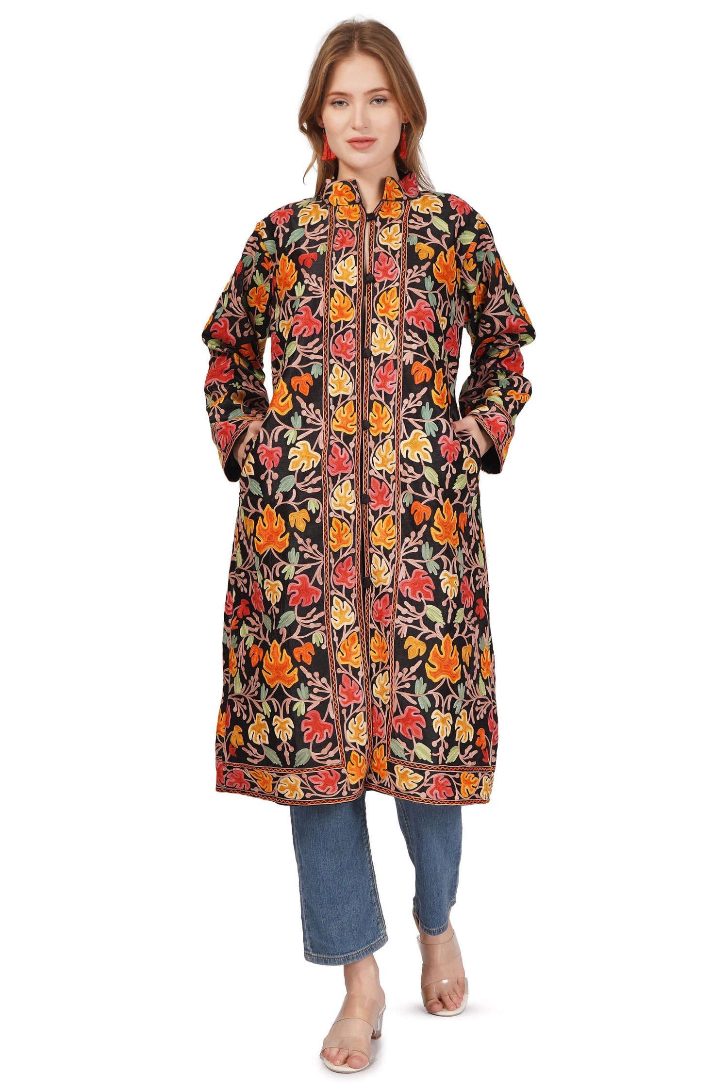 Luxurious Kashmiri Embroidered Coat: Long wool Jacket for Boho Vibes