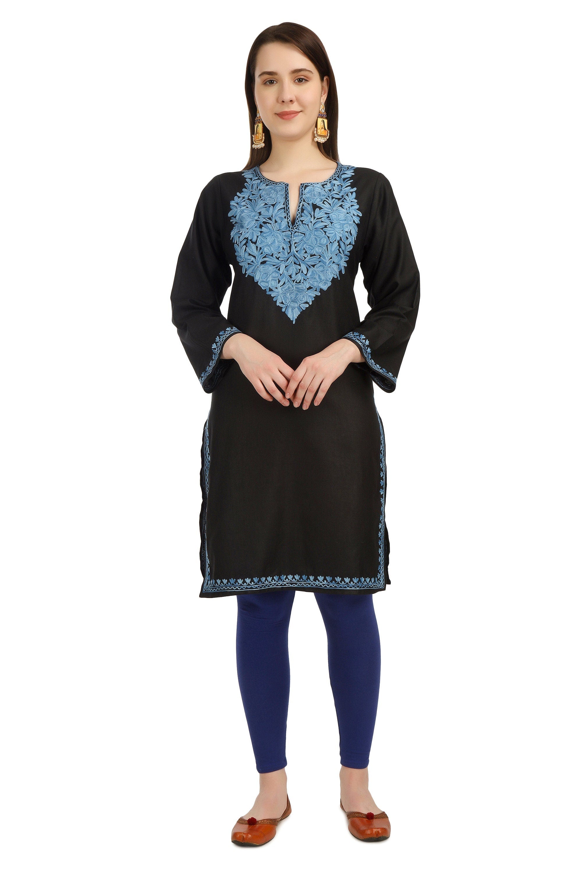 Aari Embroidered Cotton Kashmiri Kurti - Elegant Indian Women&