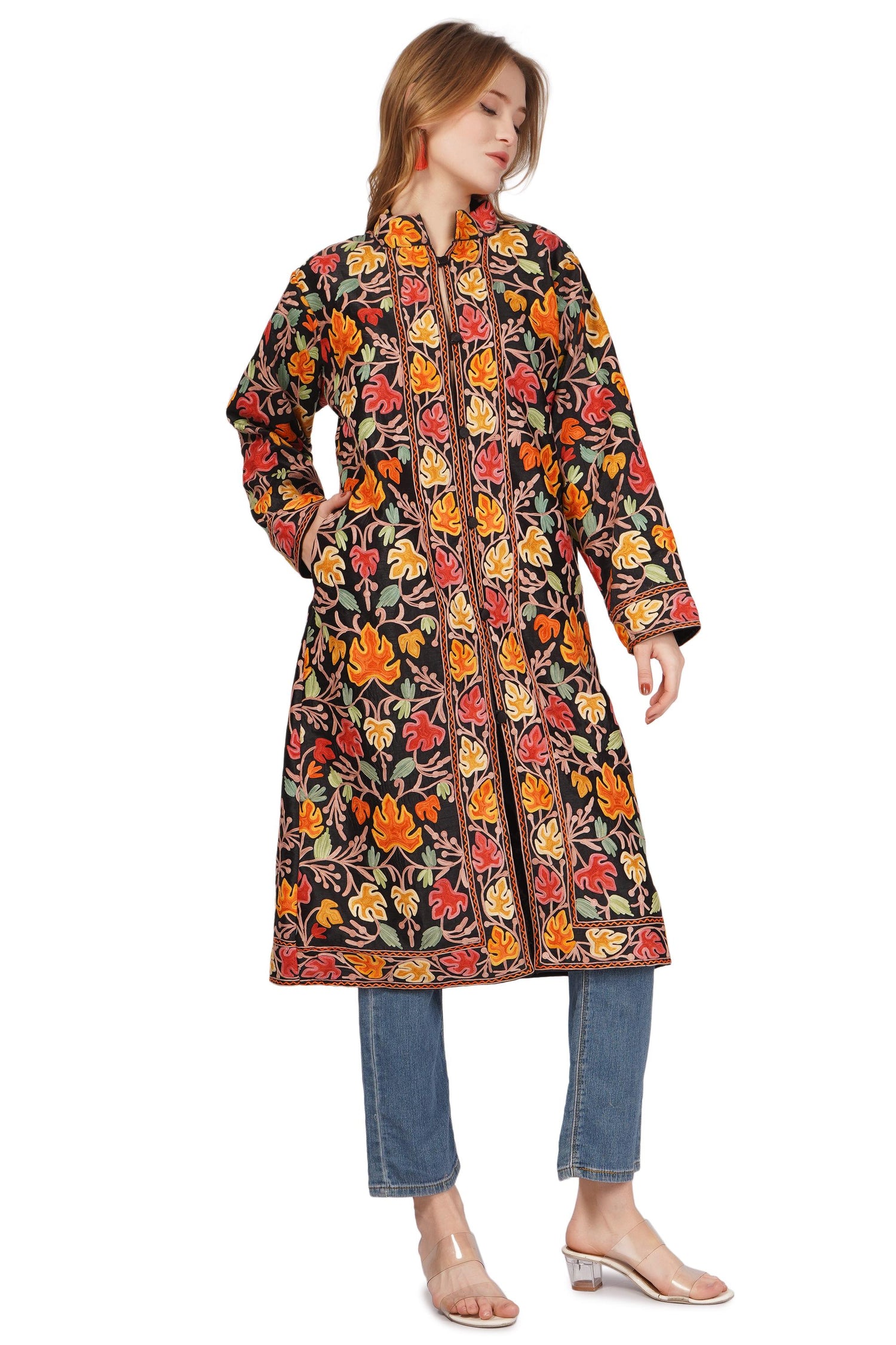 Luxurious Kashmiri Embroidered Coat: Long wool Jacket for Boho Vibes