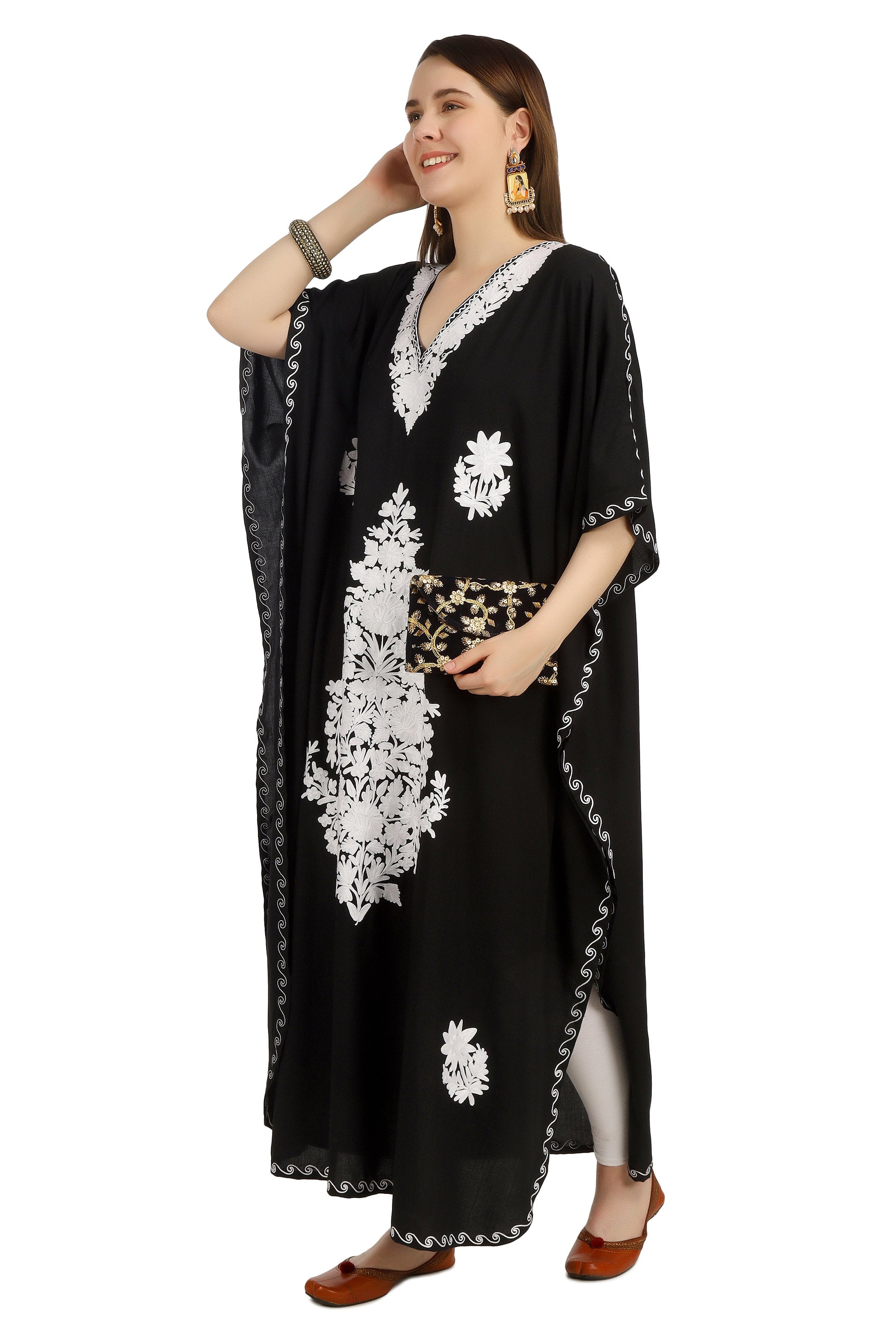 Kashmiri Aari Embroidered Cotton Kaftan for Women, Handmade Kaftan Dress for Girls, Cotton Maxi Dress for Summers