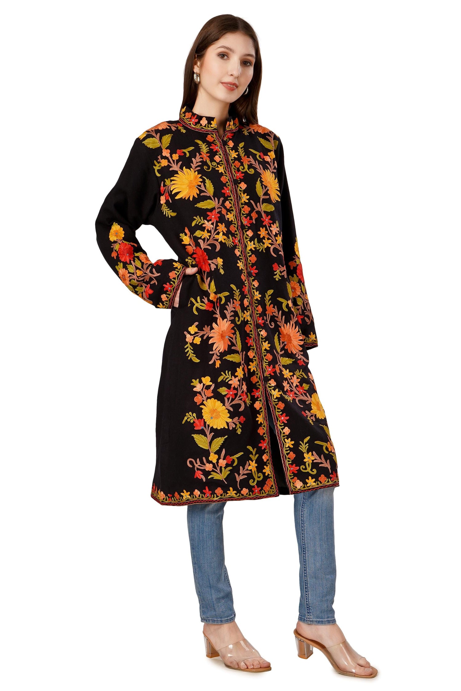Kashmiri Aari Embroidered Long woollen Jacket, Winter Coat For Women, Floral Indian Jacket, Warm Cashmere Jacket