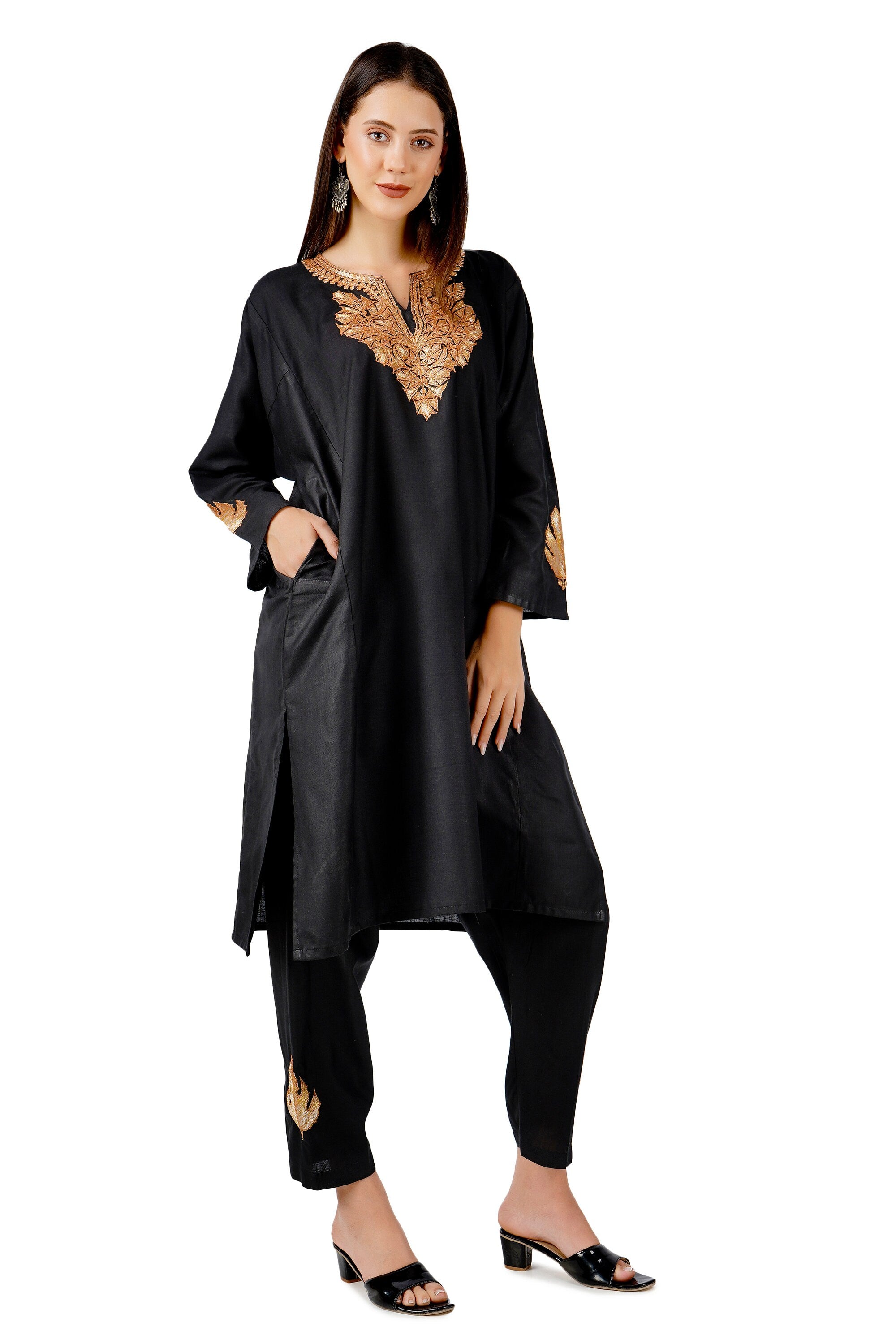 Kashmiri Tilla Embroidered Kurti with Bottom Pant, Cotton Kurti with Pant Set, Kashmiri Tilla Embroidered Kurti Pant Co-ord Set