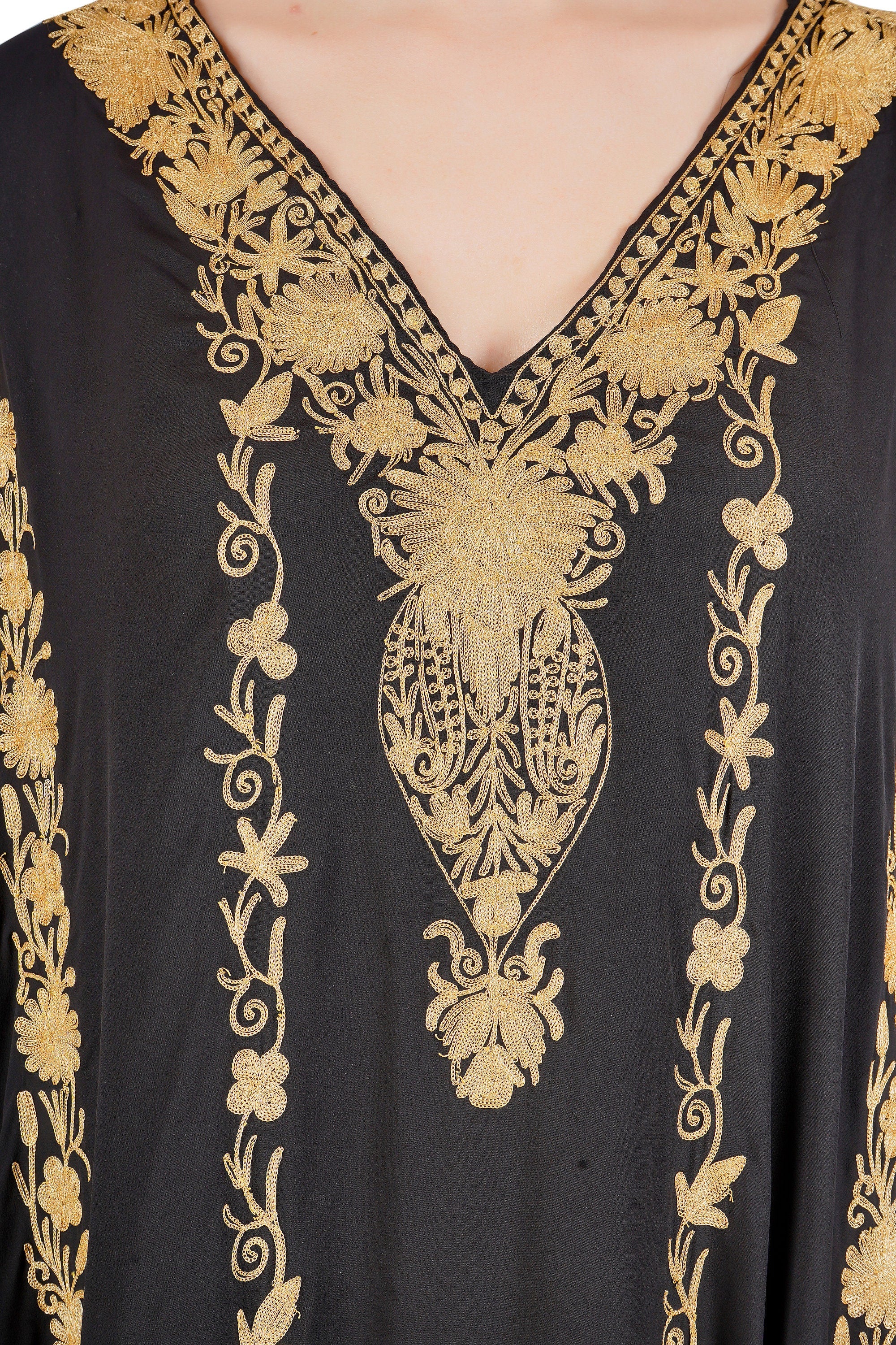 Kashmiri Zari Embroidered Crepe Silk Kaftan, Moroccan Caftan with Gold Embroidery, Long Length Kashmiri Tilla Embroidered Kaftan