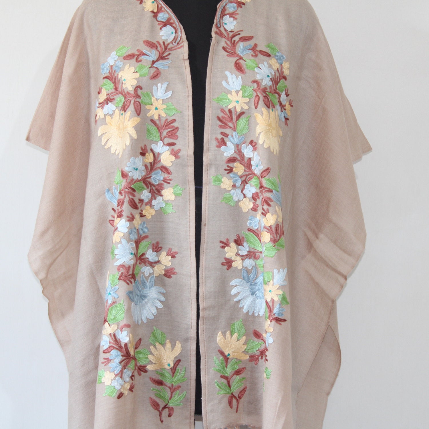 Cape Shawl, Fine Wool Embroidered Cape Shawl, Kashmiri Embroidered Cape Shawl, Kashmiri Cape Shawl For Women, Cape Shawl,