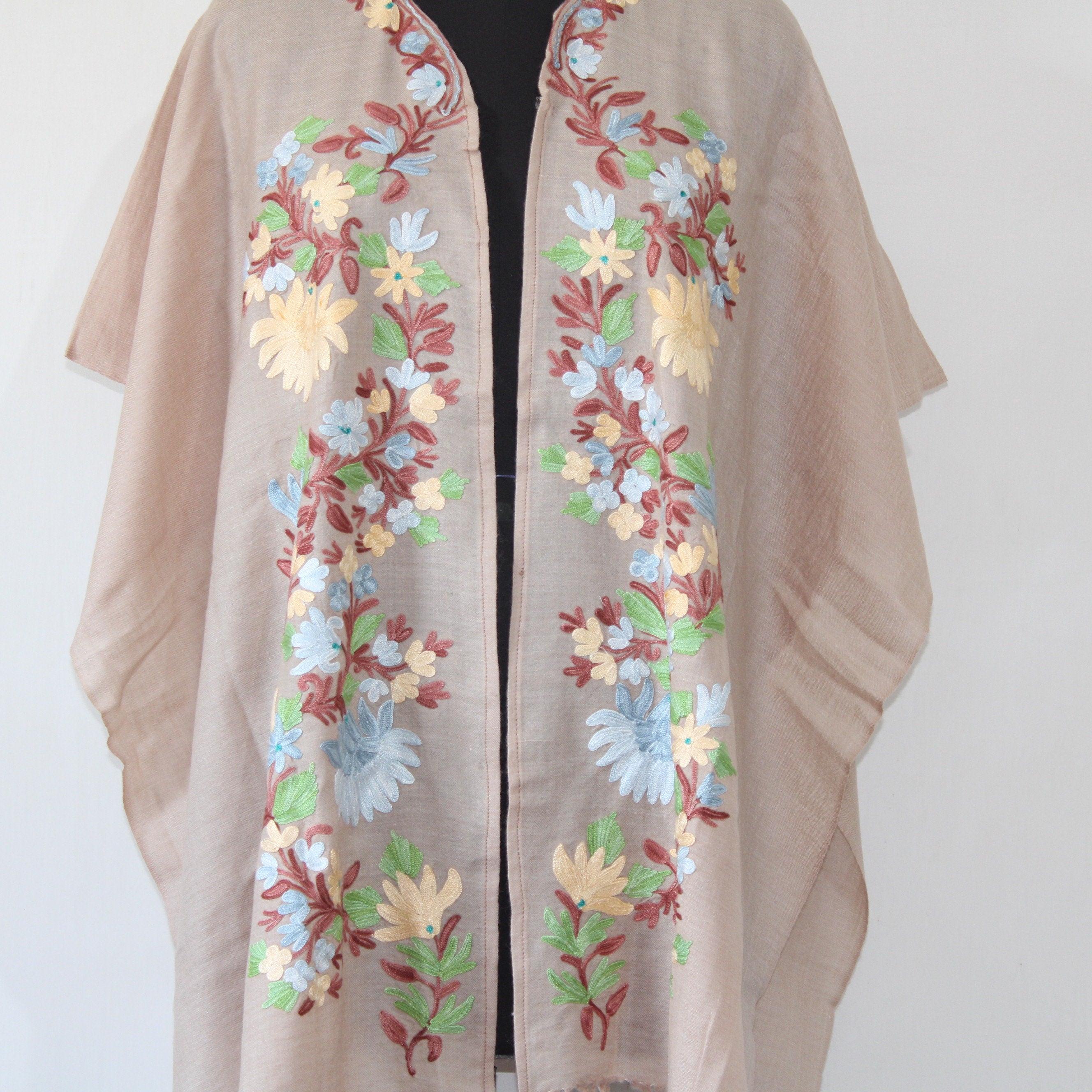 Cape Shawl, Fine Wool Embroidered Cape Shawl, Kashmiri Embroidered Cape Shawl, Kashmiri Cape Shawl For Women, Cape Shawl,