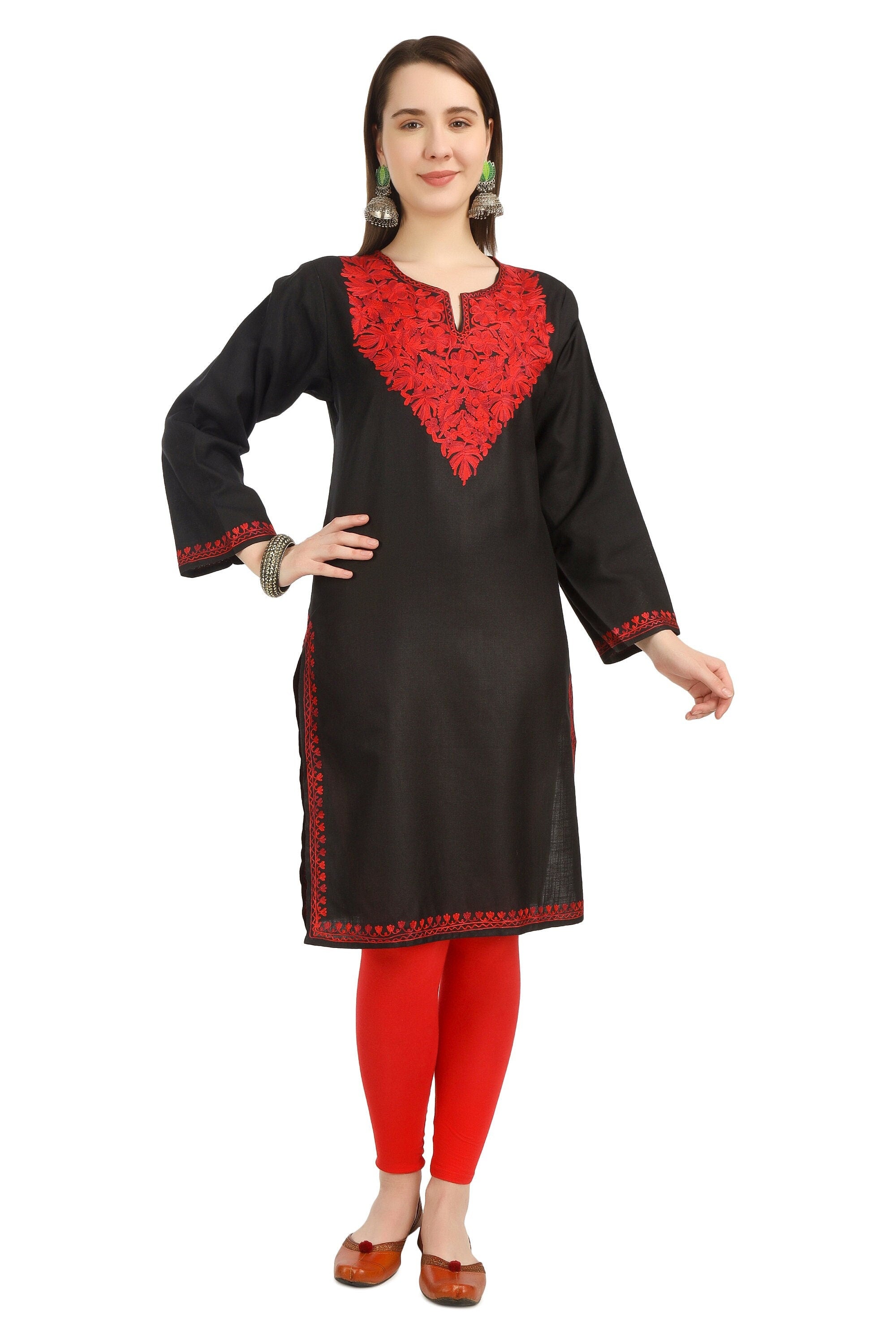Aari Embroidered Cotton Kashmiri Kurti for Women, Indian Kurtis,