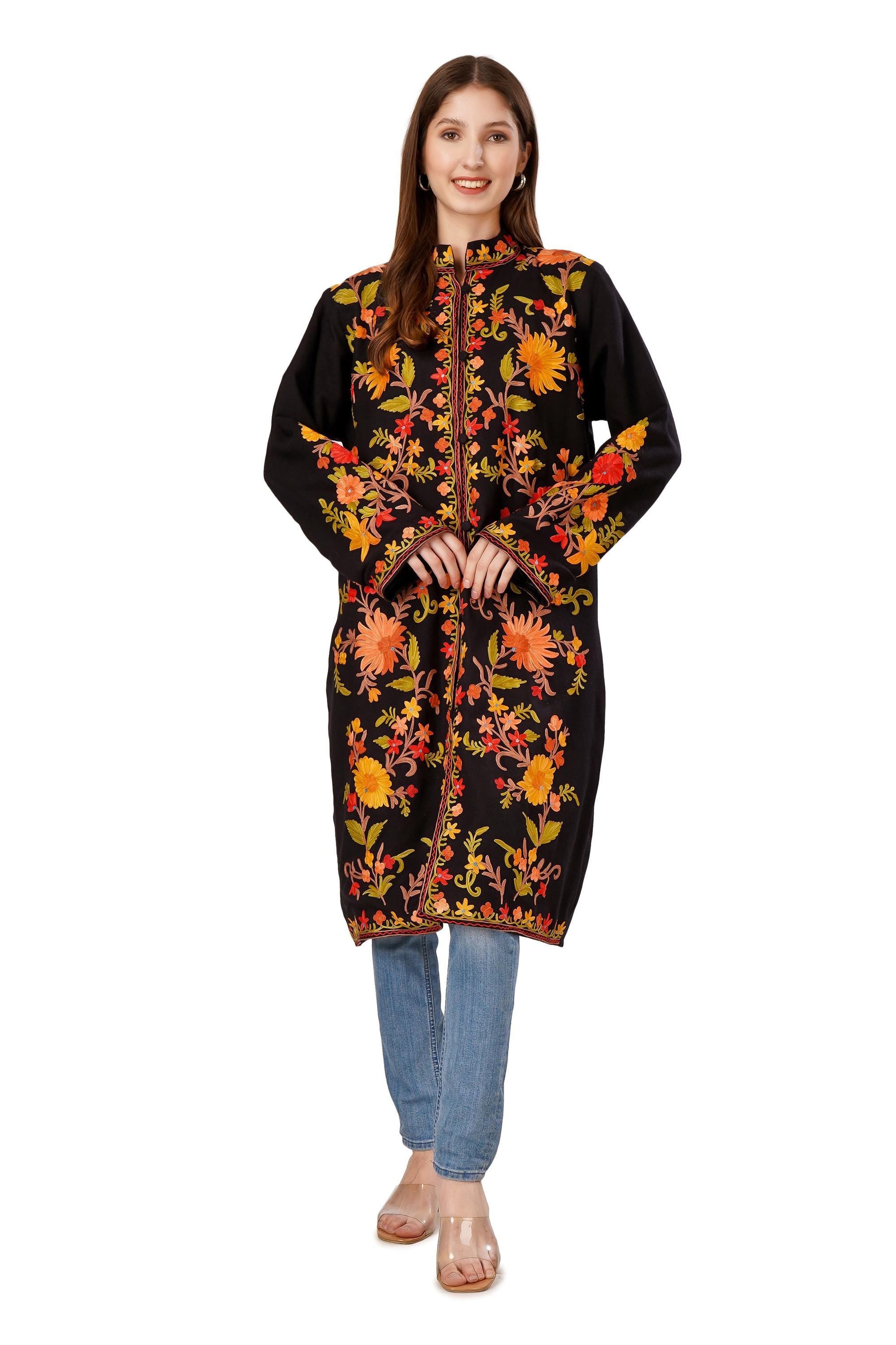 Kashmiri Aari Embroidered Long woollen Jacket, Winter Coat For Women, Floral Indian Jacket, Warm Cashmere Jacket