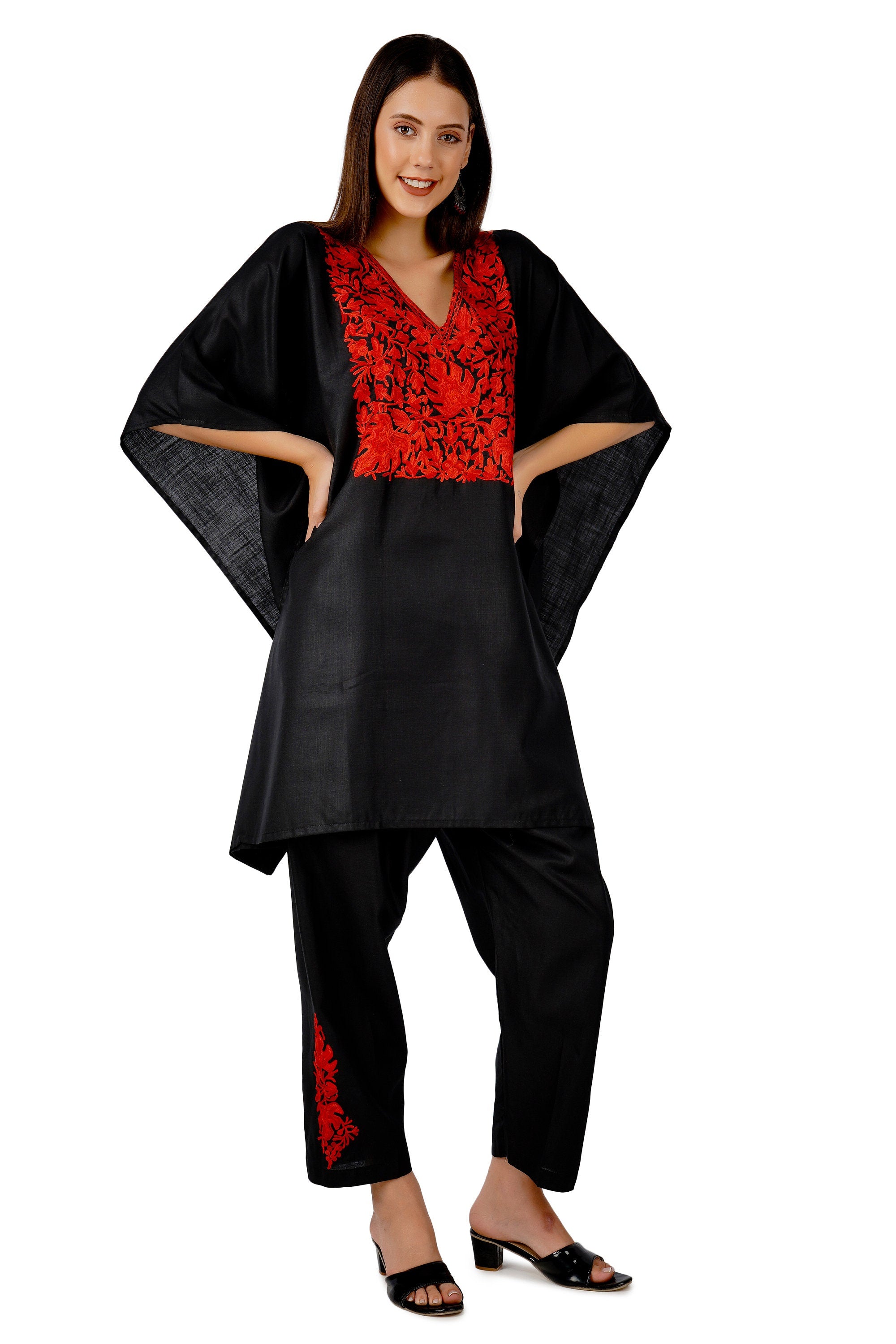 Kashmiri Aari Embroidered Cotton Co-Ord Set, Embroidered Kaftan Top and Pant, Women&
