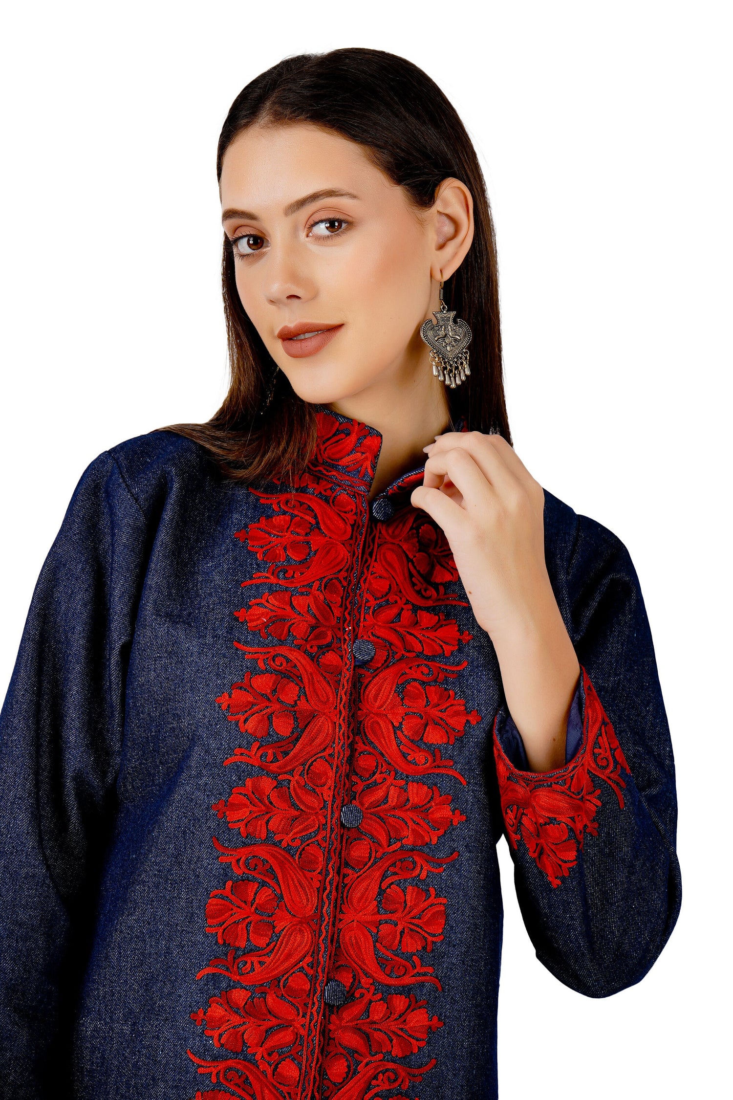 Kashmiri Aari Embroidered Denim Jacket, Short Embroidered Coat, Stylish Fusion of Culture and Trend, Jeans Jacket