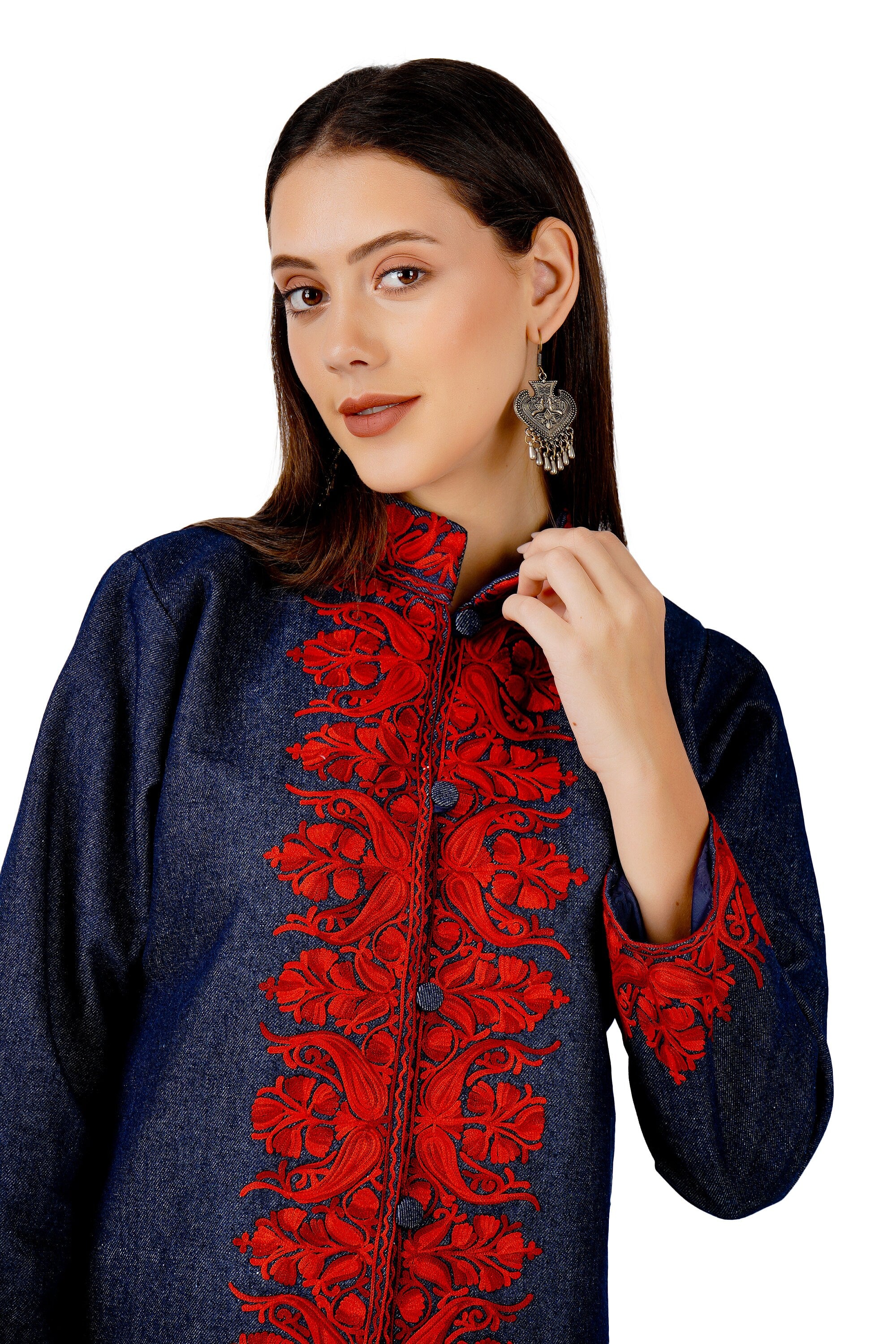Kashmiri Aari Embroidered Denim Jacket, Short Embroidered Coat, Stylish Fusion of Culture and Trend, Jeans Jacket