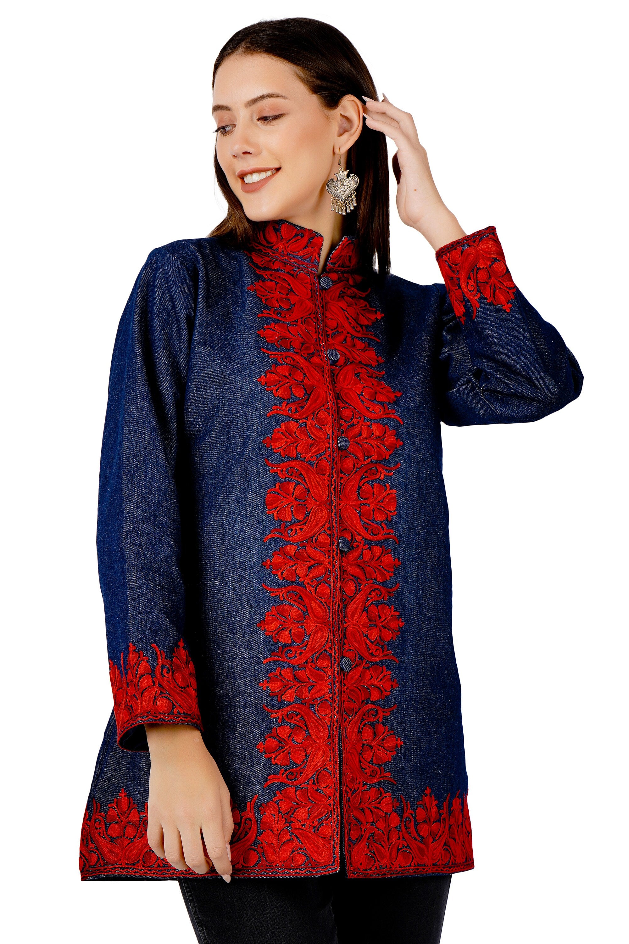 Kashmiri Aari Embroidered Denim Jacket, Short Embroidered Coat, Stylish Fusion of Culture and Trend, Jeans Jacket