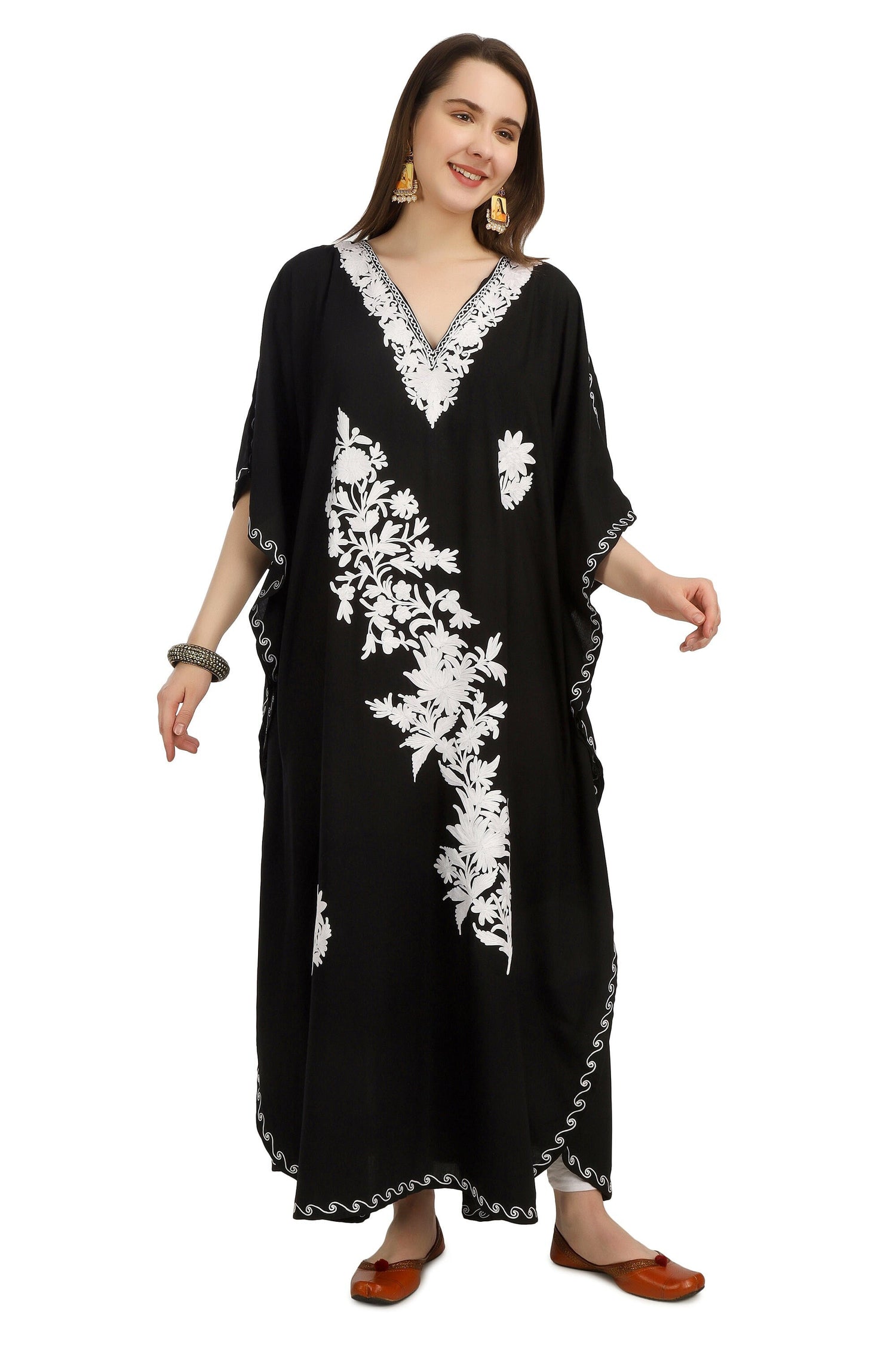 Kashmiri Aari Embroidered Cotton Kaftan for Women, Handmade Kaftan Dress for Girls, Cotton Maxi Dress for Summers