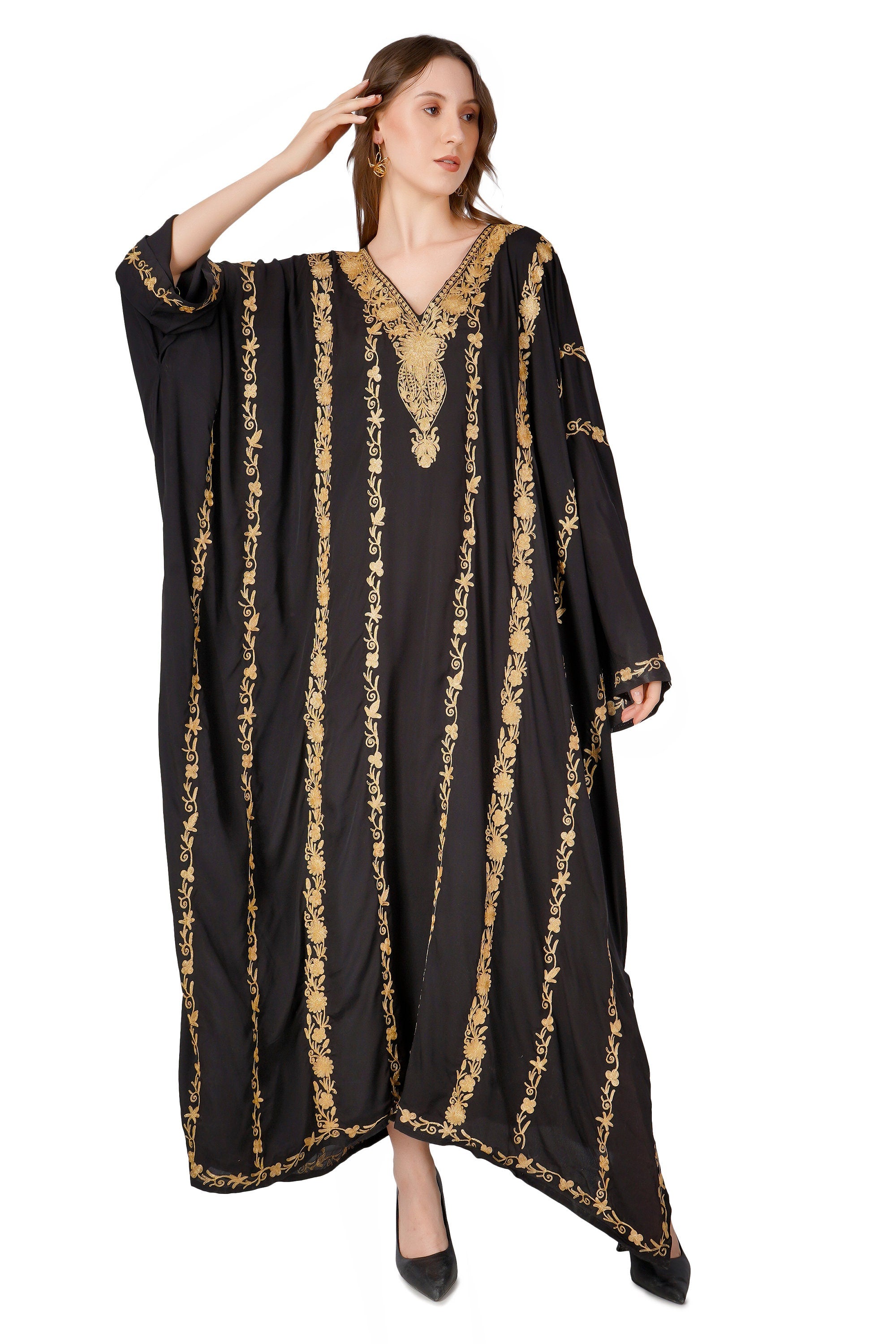 Kashmiri Zari Embroidered Crepe Silk Kaftan, Moroccan Caftan with Gold Embroidery, Long Length Kashmiri Tilla Embroidered Kaftan