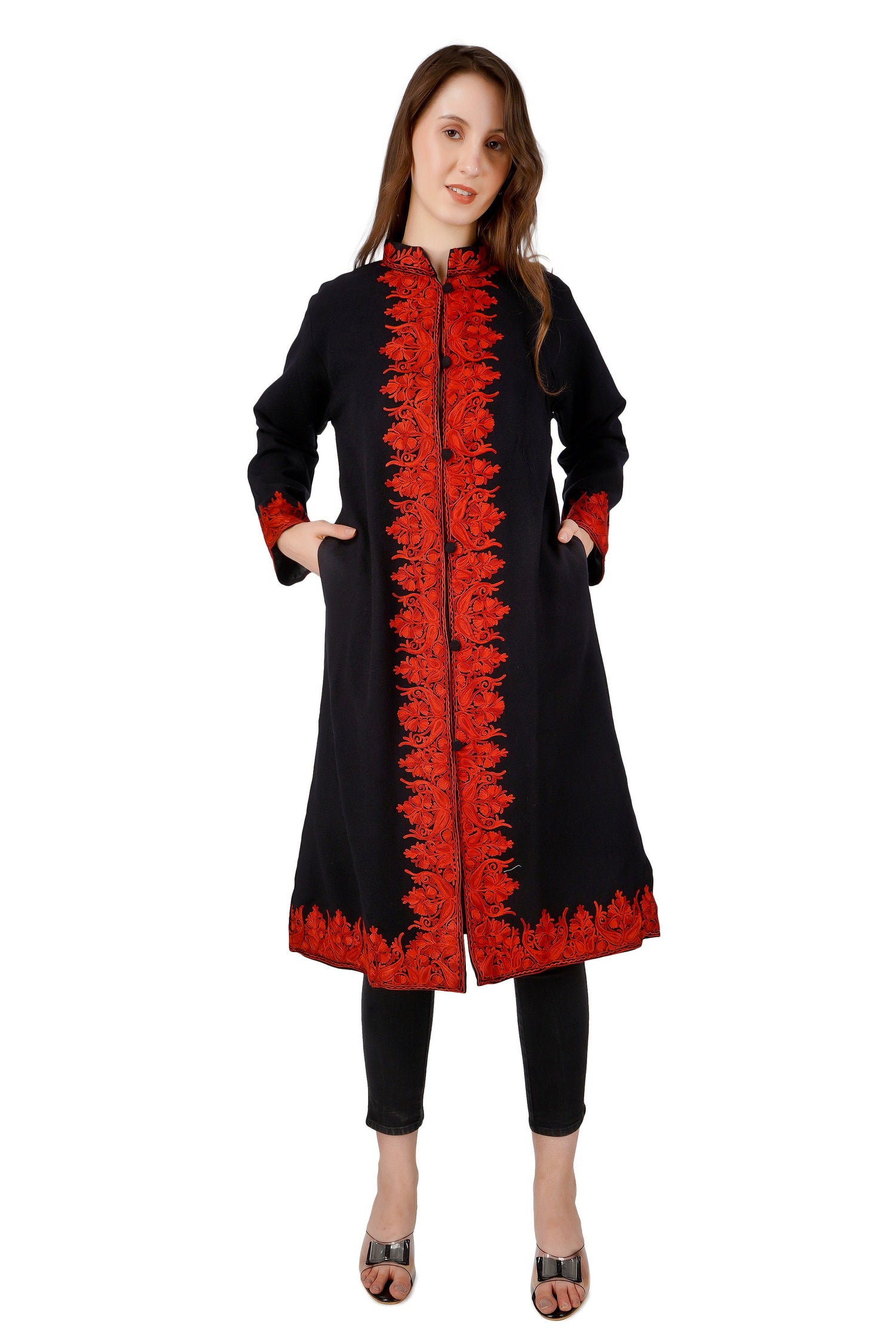 Kashmiri Aari Embroidered Long woollen Jacket, Winter Coat For Women, Paisley Indian Jacket