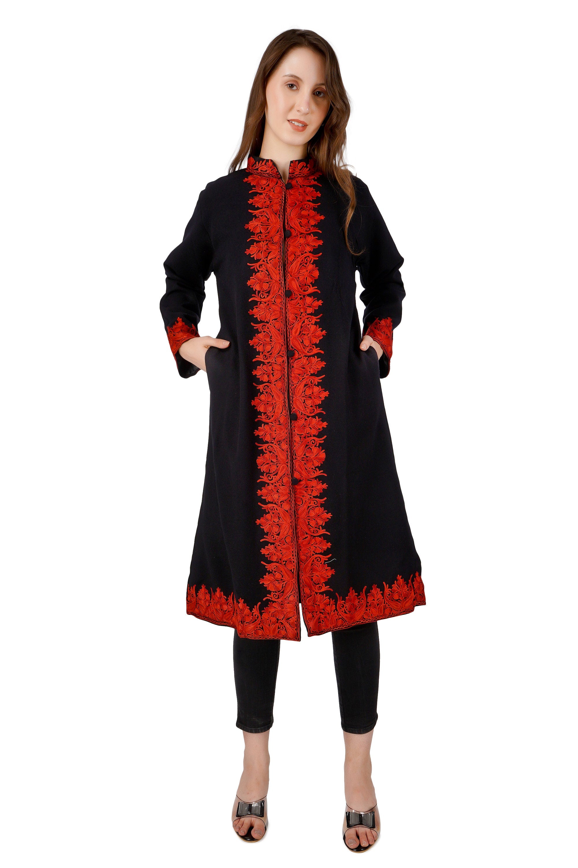 Kashmiri Aari Embroidered Long woollen Jacket, Winter Coat For Women, Paisley Indian Jacket