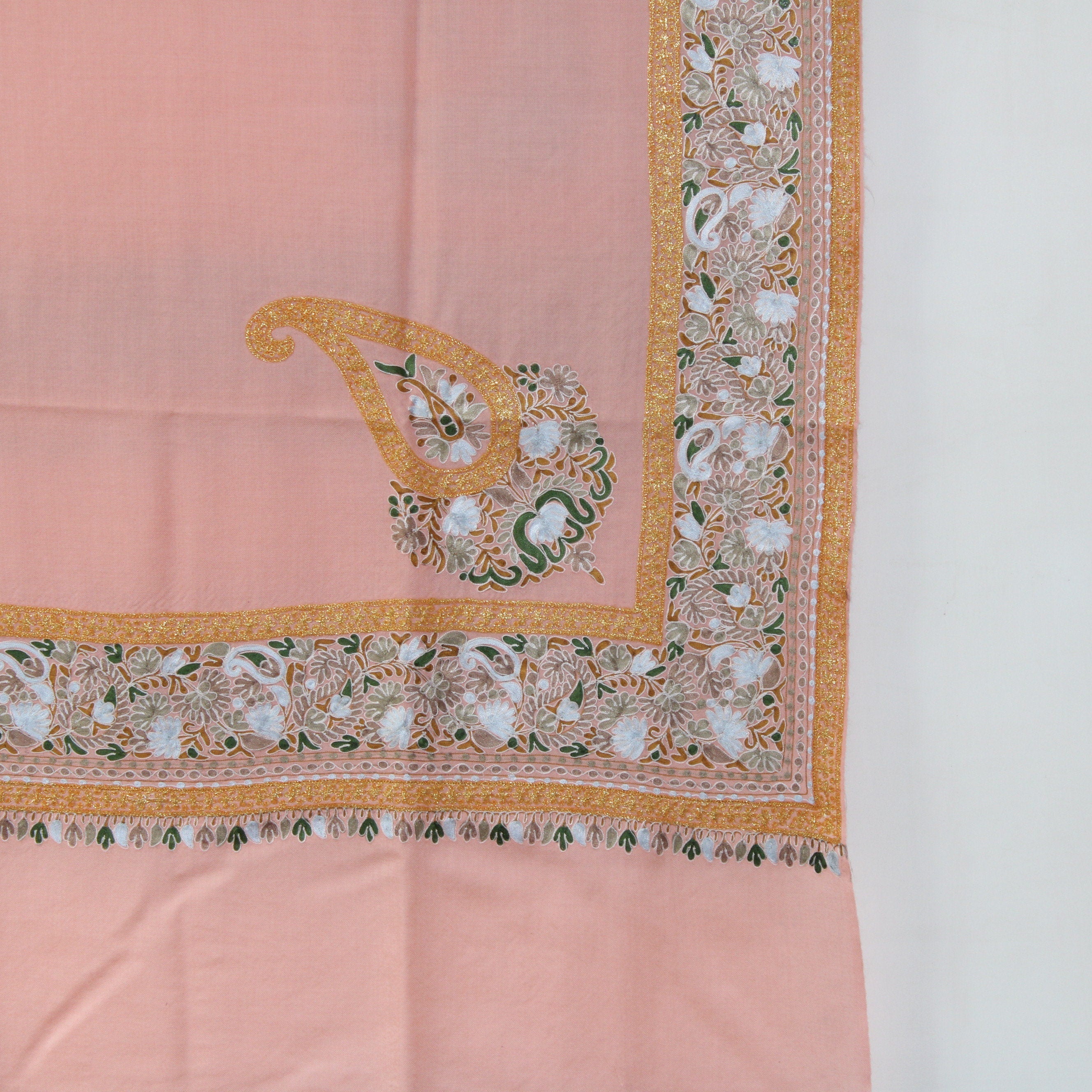 Kashmiri Tilla Silk Shawl Intricately Hand embroidered with Gold and Silk Threads