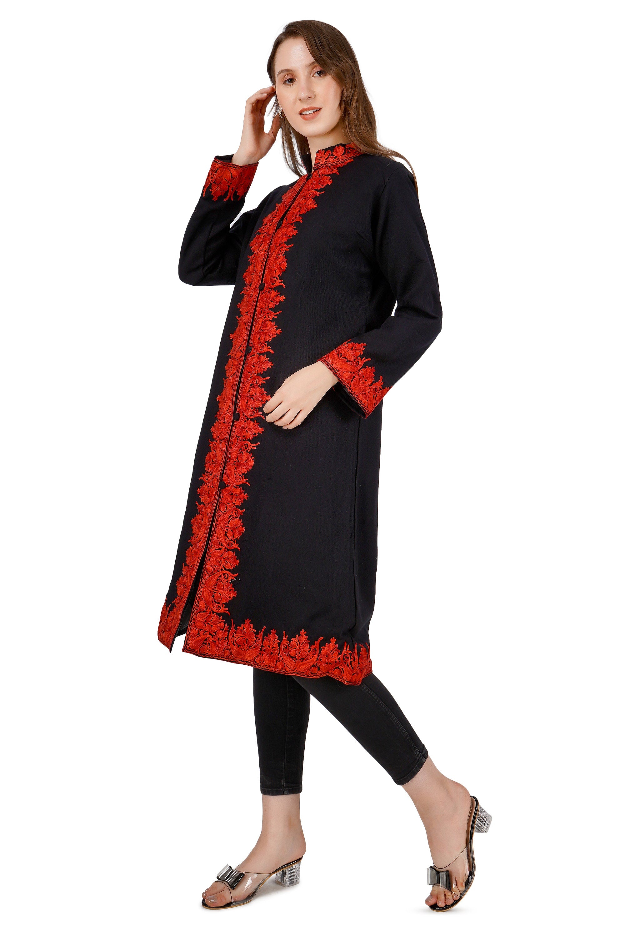 Kashmiri Aari Embroidered Long woollen Jacket, Winter Coat For Women, Paisley Indian Jacket