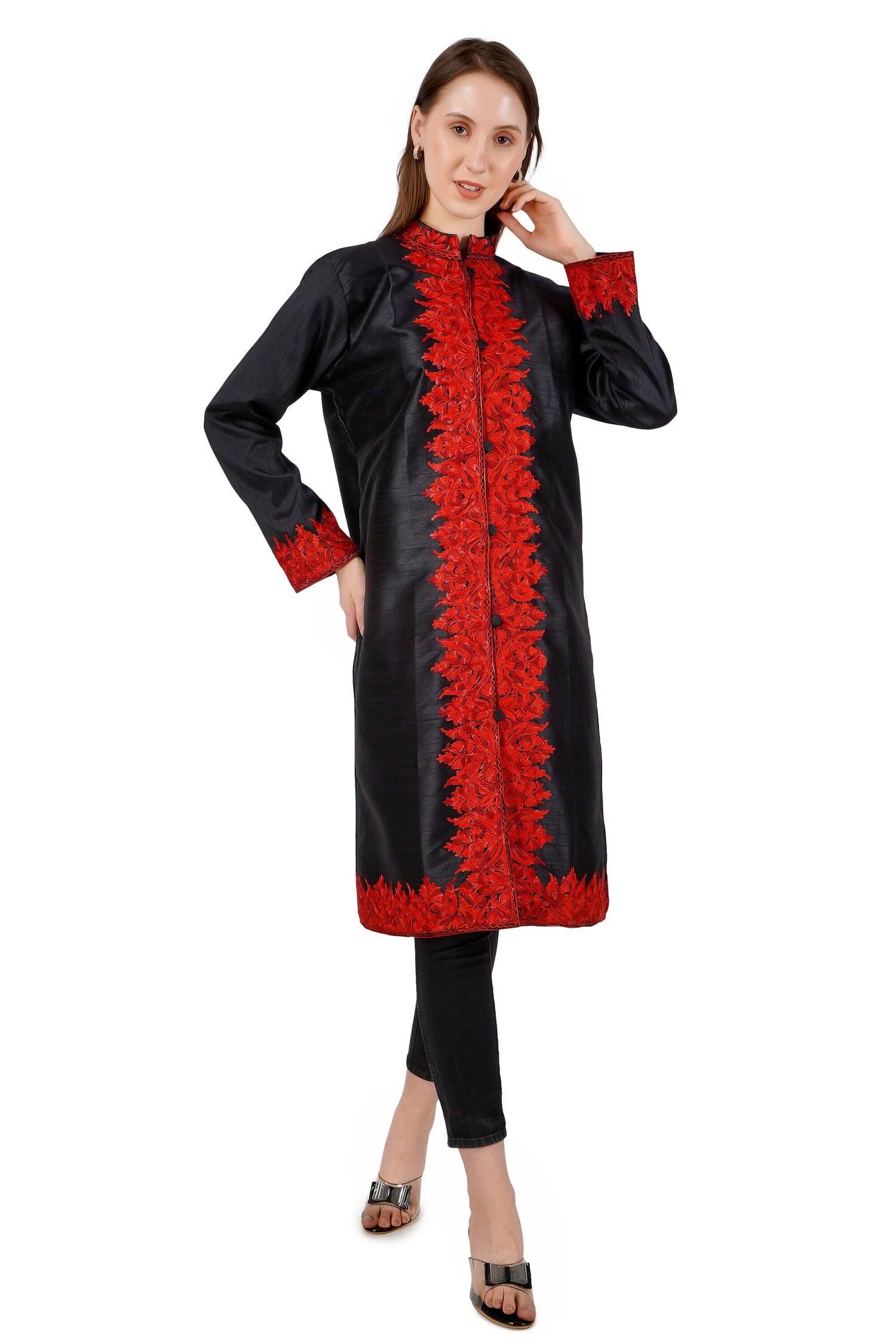 Kashmiri Aari Embroidered Long Silk Jacket, Summer Coat For Women