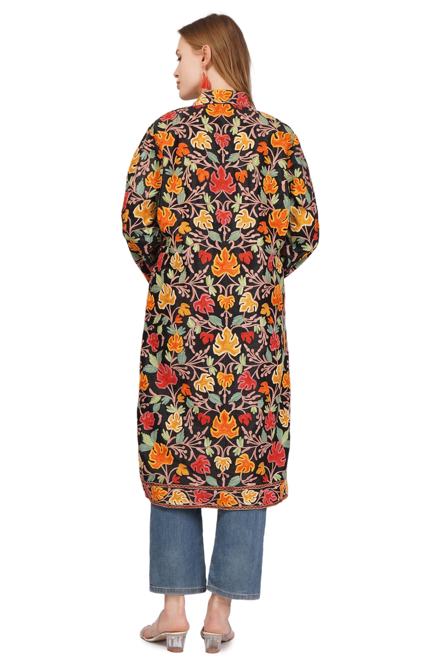 Luxurious Kashmiri Embroidered Coat: Long wool Jacket for Boho Vibes
