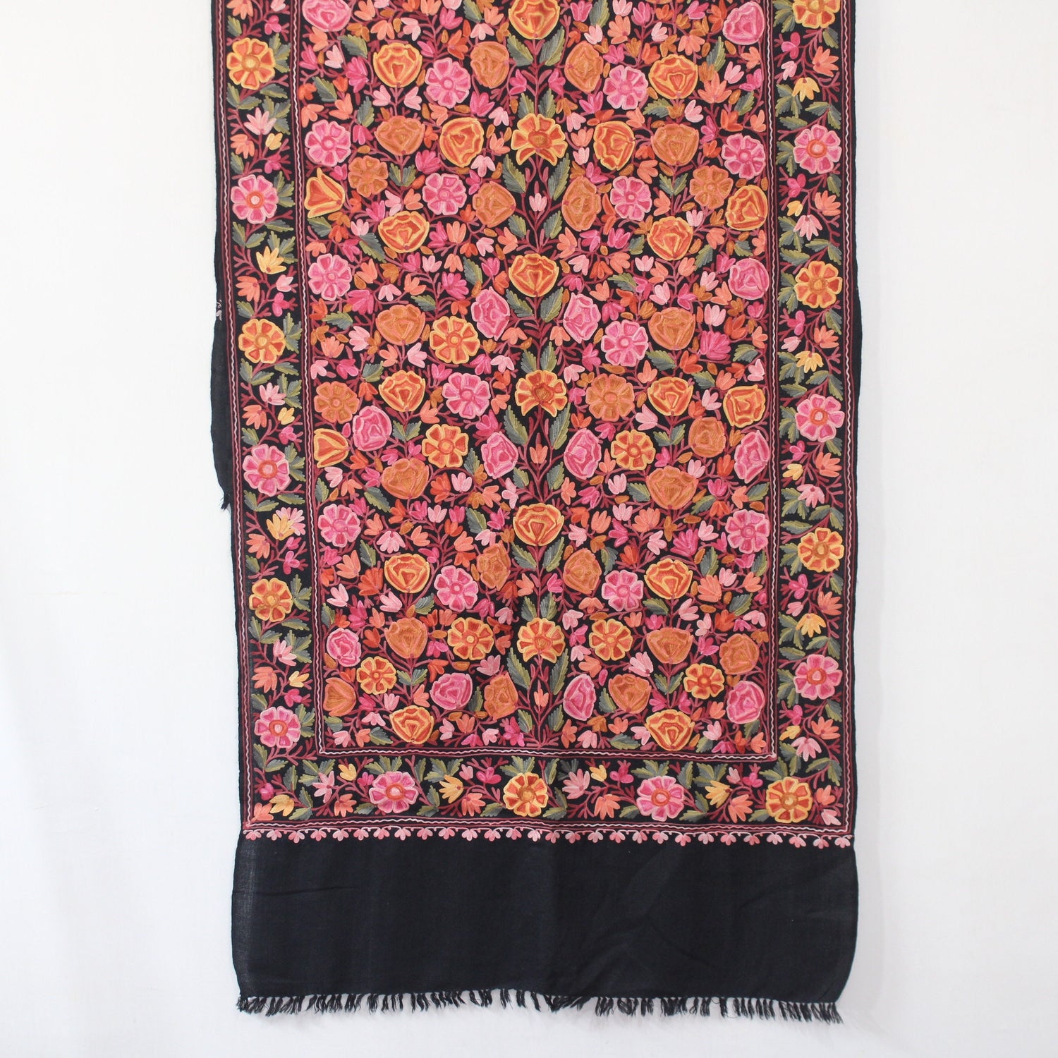 Handmade Kashmiri Merino Wool Stole, Intricate Aari Embroidery, Cozy Black Scarf
