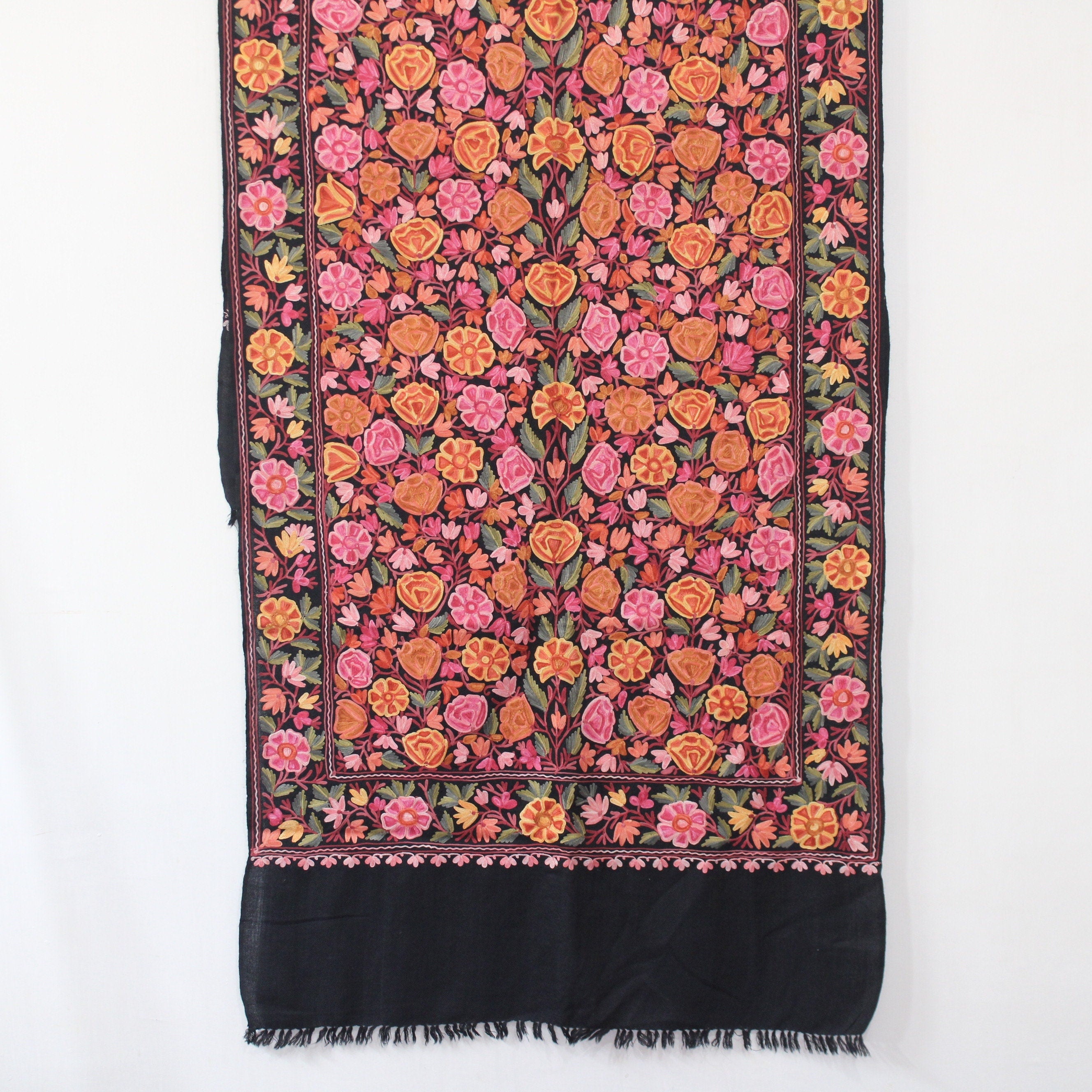 Handmade Kashmiri Merino Wool Stole, Intricate Aari Embroidery, Cozy Black Scarf
