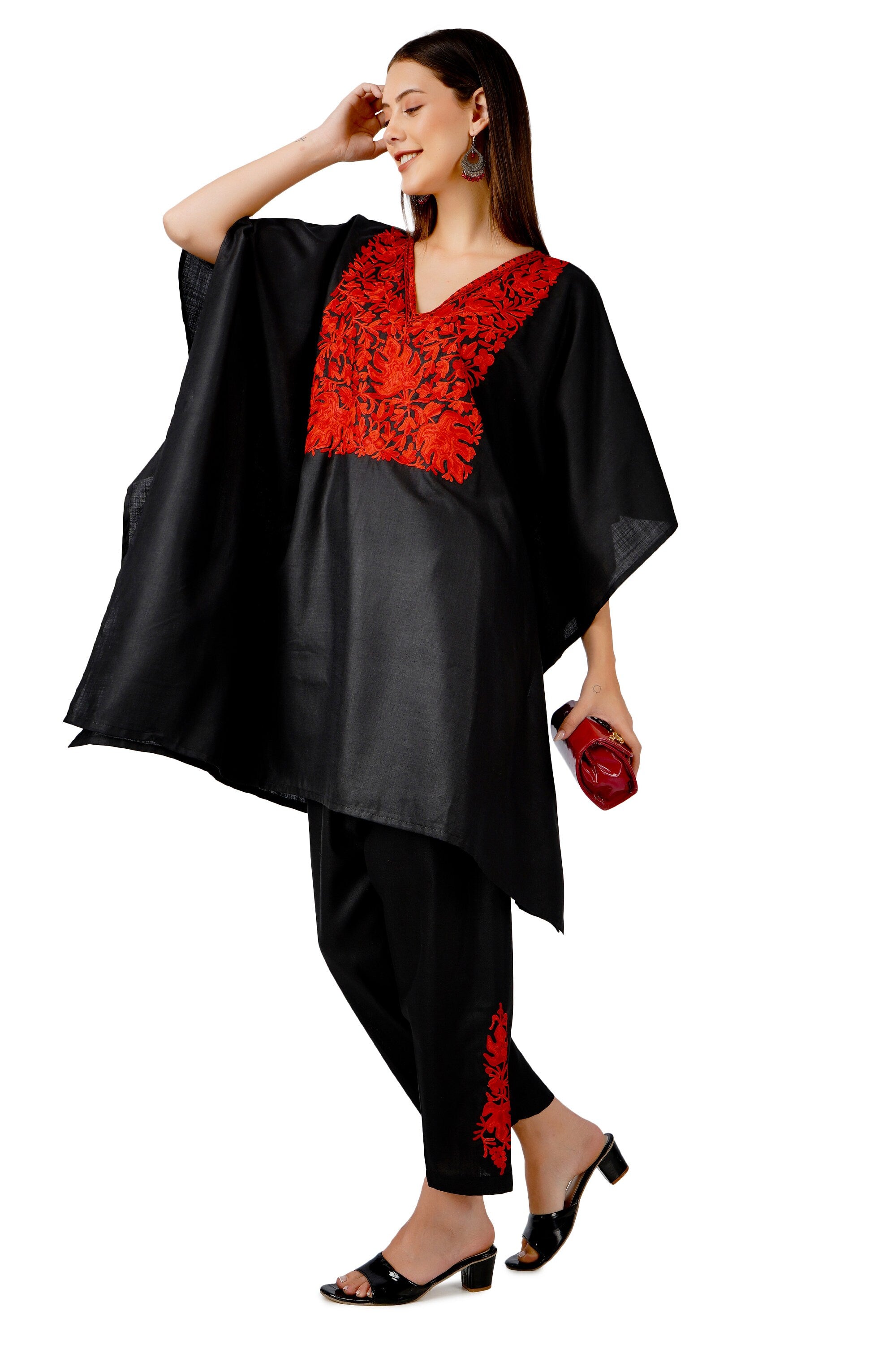 Kashmiri Aari Embroidered Cotton Co-Ord Set, Embroidered Kaftan Top and Pant, Women&