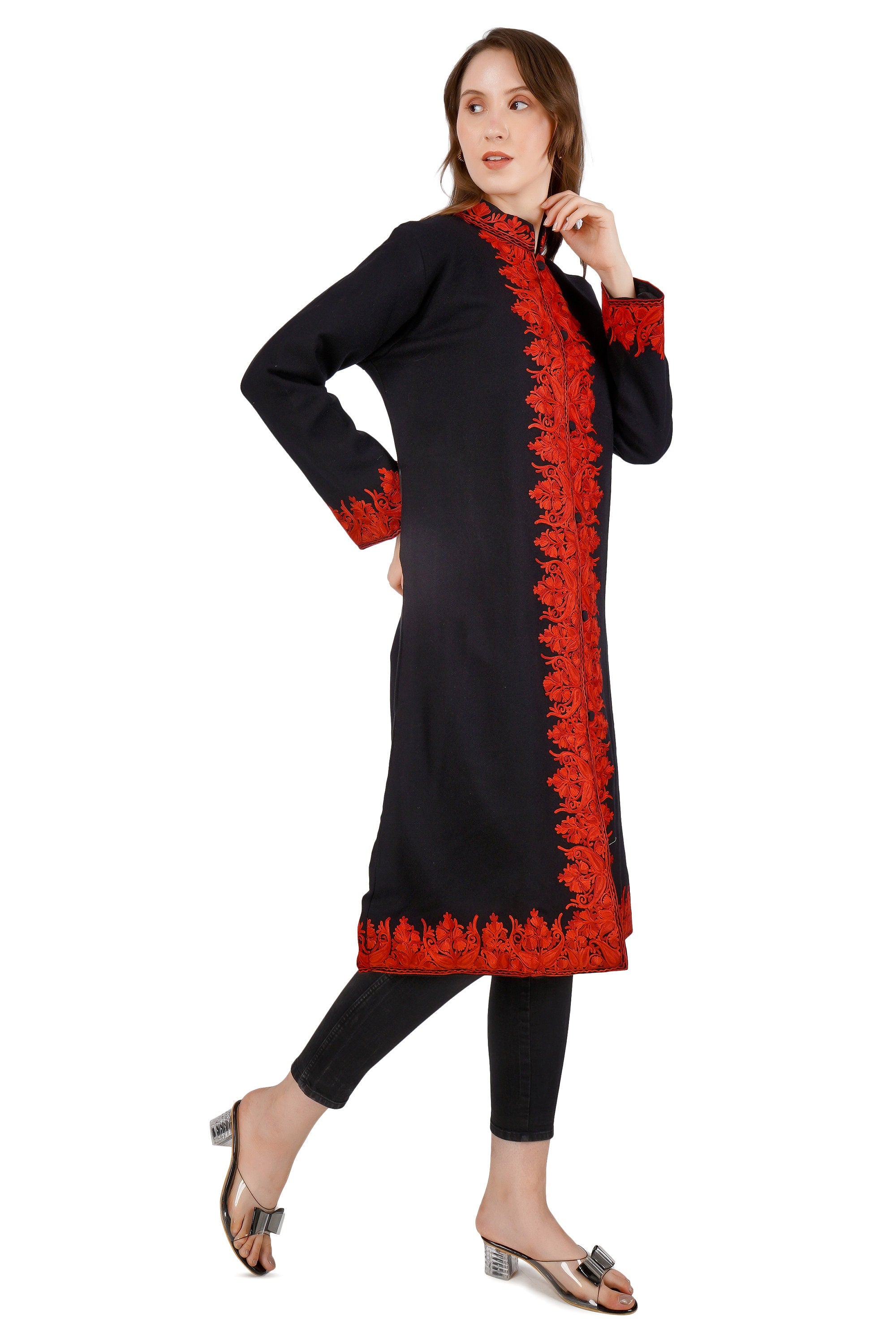 Kashmiri Aari Embroidered Long woollen Jacket, Winter Coat For Women, Paisley Indian Jacket
