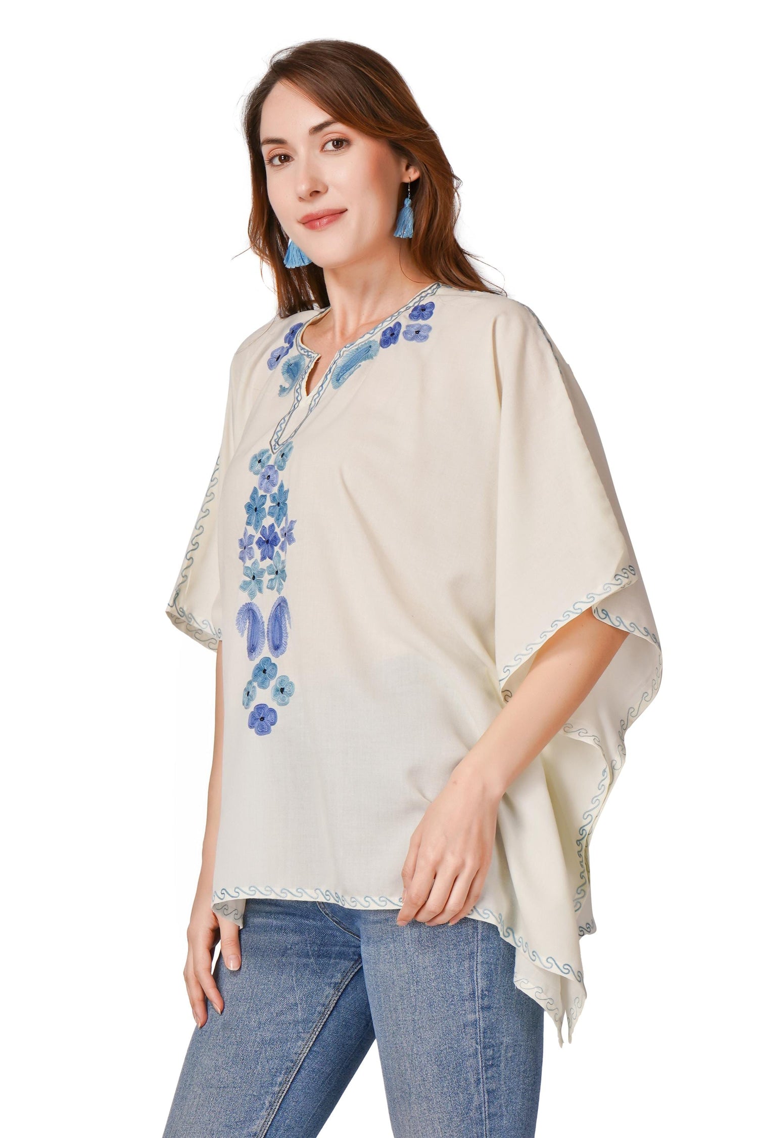 Kashmiri Aari Embroidered Womens Kaftan Kurti, Embroidered Cotton Kaftan Regular Fit Top, Short Kurti For Summer (Free Size)