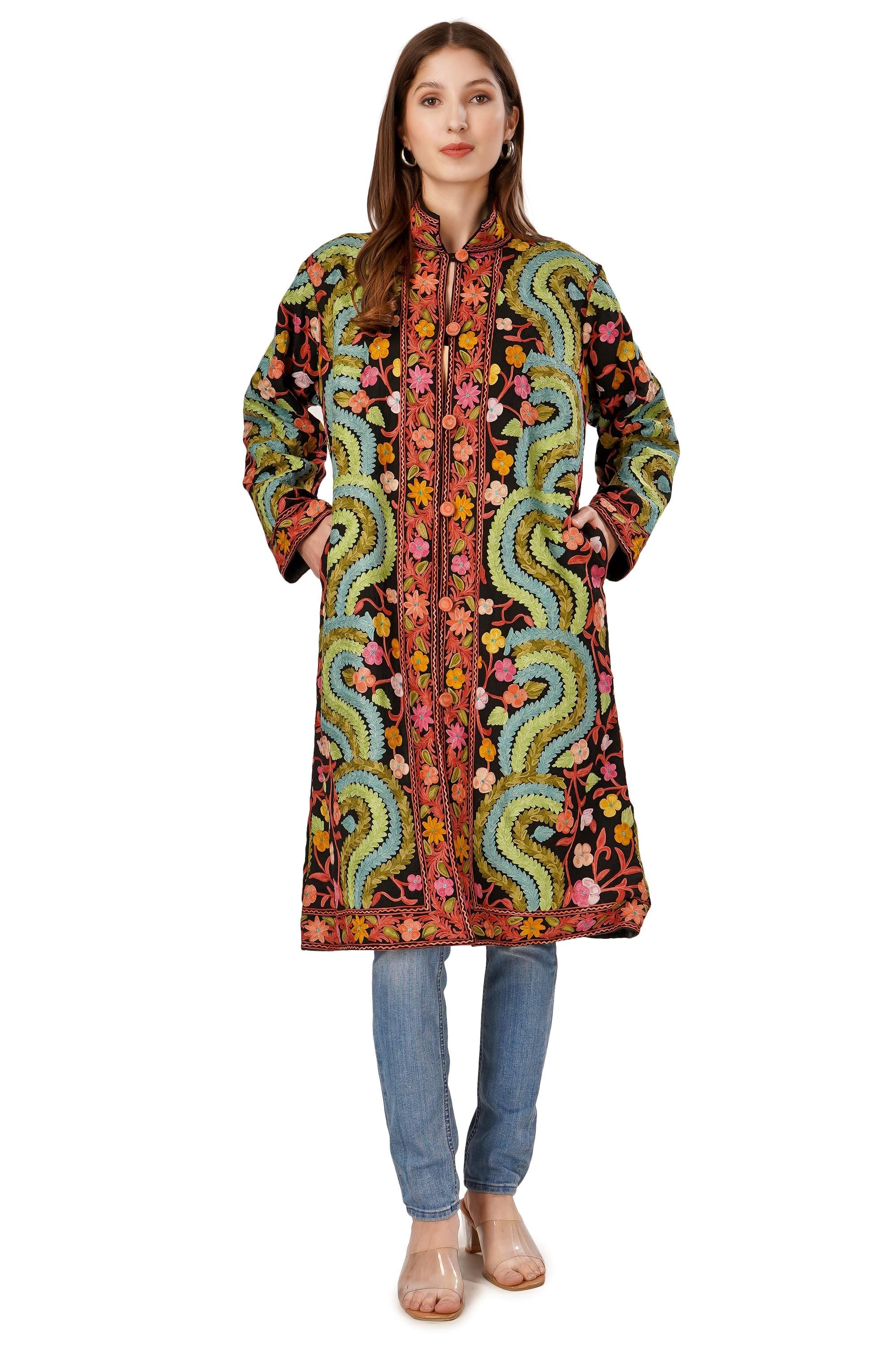 Kashmiri Jacket, Embroidered Silk Jacket, Long Length Coat, Bohemian Jacket, Embroidered Jacket, Long Embroidered Coat, Wool Winter Jacket