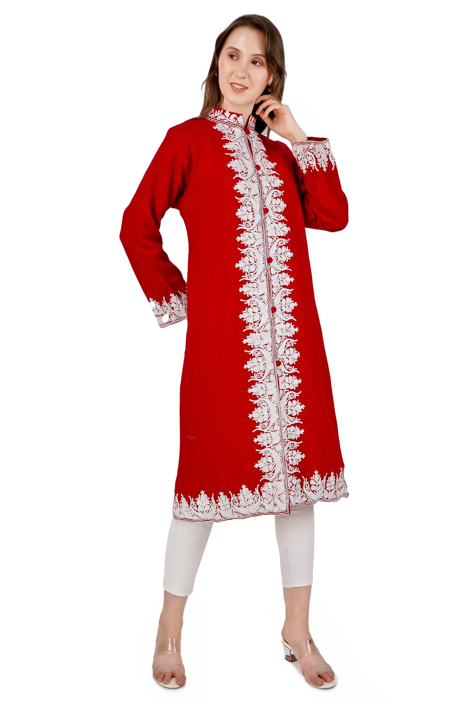 Kashmiri Aari Embroidered Long woollen Jacket, Winter Coat For Women, Paisley Indian Jacket