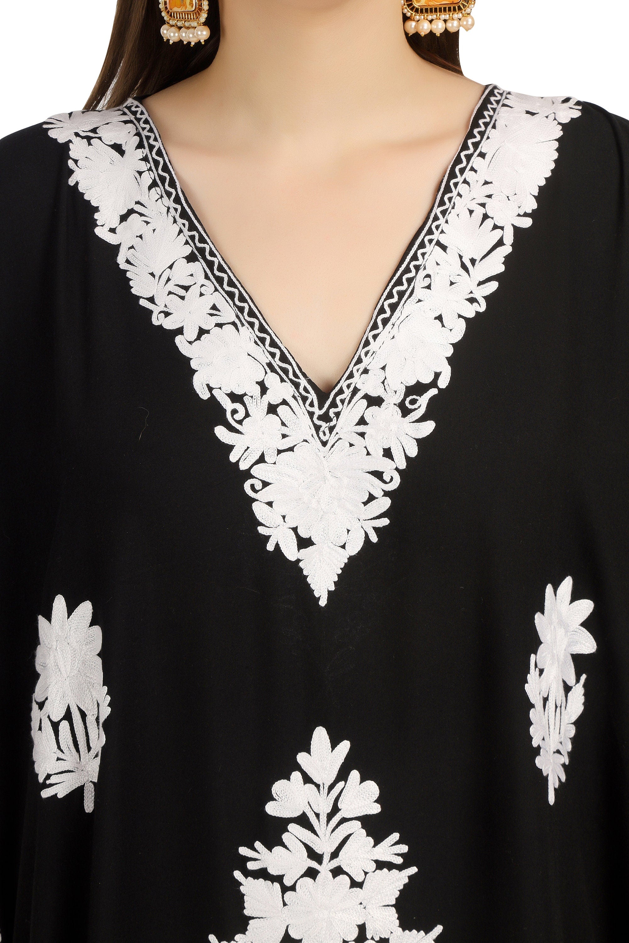 Kashmiri Aari Embroidered Cotton Kaftan for Women, Handmade Kaftan Dress for Girls, Cotton Maxi Dress for Summers