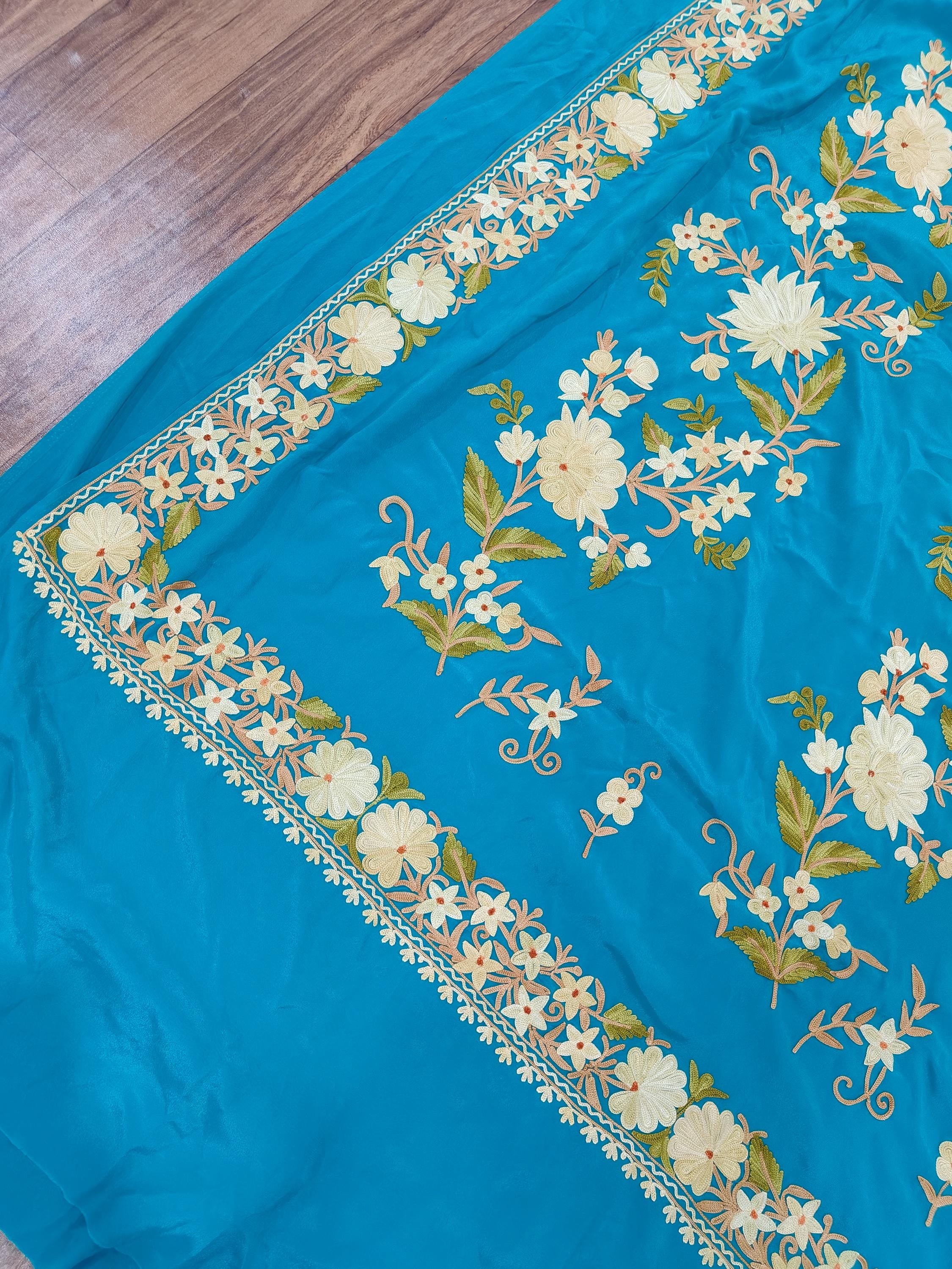 Kashmiri Crepe Silk Saree With Blouse, Kashmiri Sari, Indian Saree For Womens, Silk Crepe Saree for Weddings