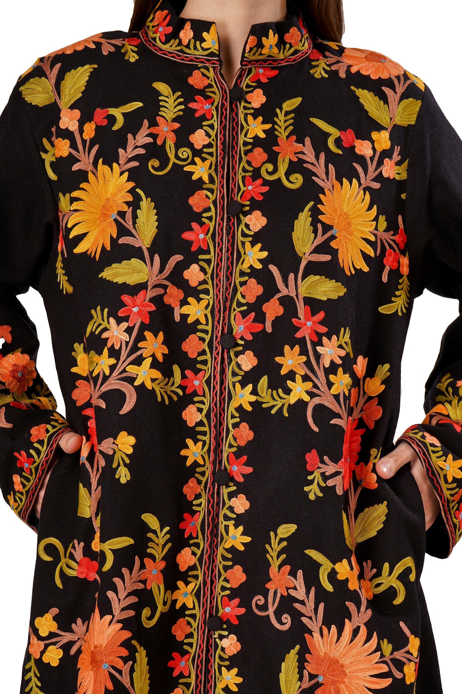 Kashmiri Aari Embroidered Long woollen Jacket, Winter Coat For Women, Floral Indian Jacket, Warm Cashmere Jacket