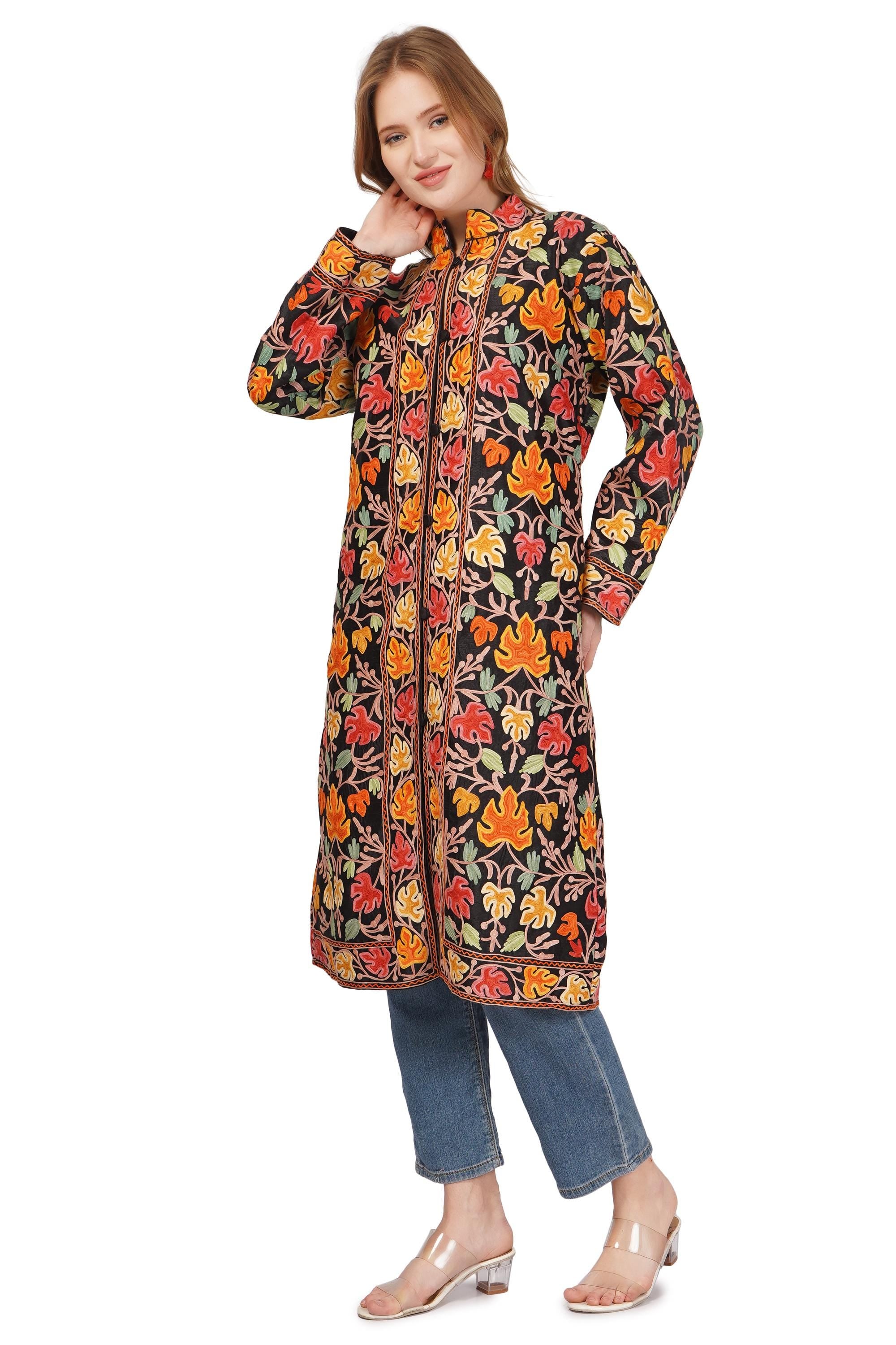 Luxurious Kashmiri Embroidered Coat: Long wool Jacket for Boho Vibes