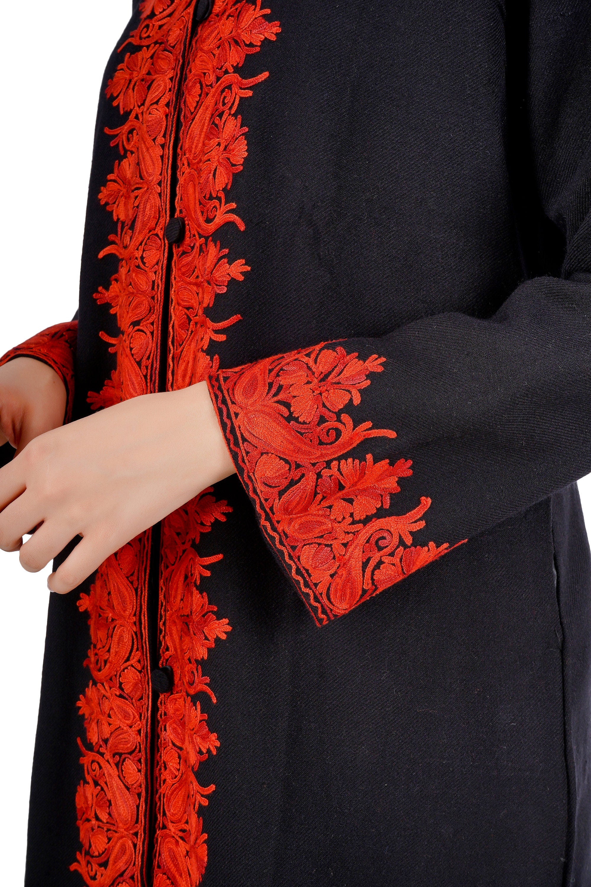 Kashmiri Aari Embroidered Long woollen Jacket, Winter Coat For Women, Paisley Indian Jacket