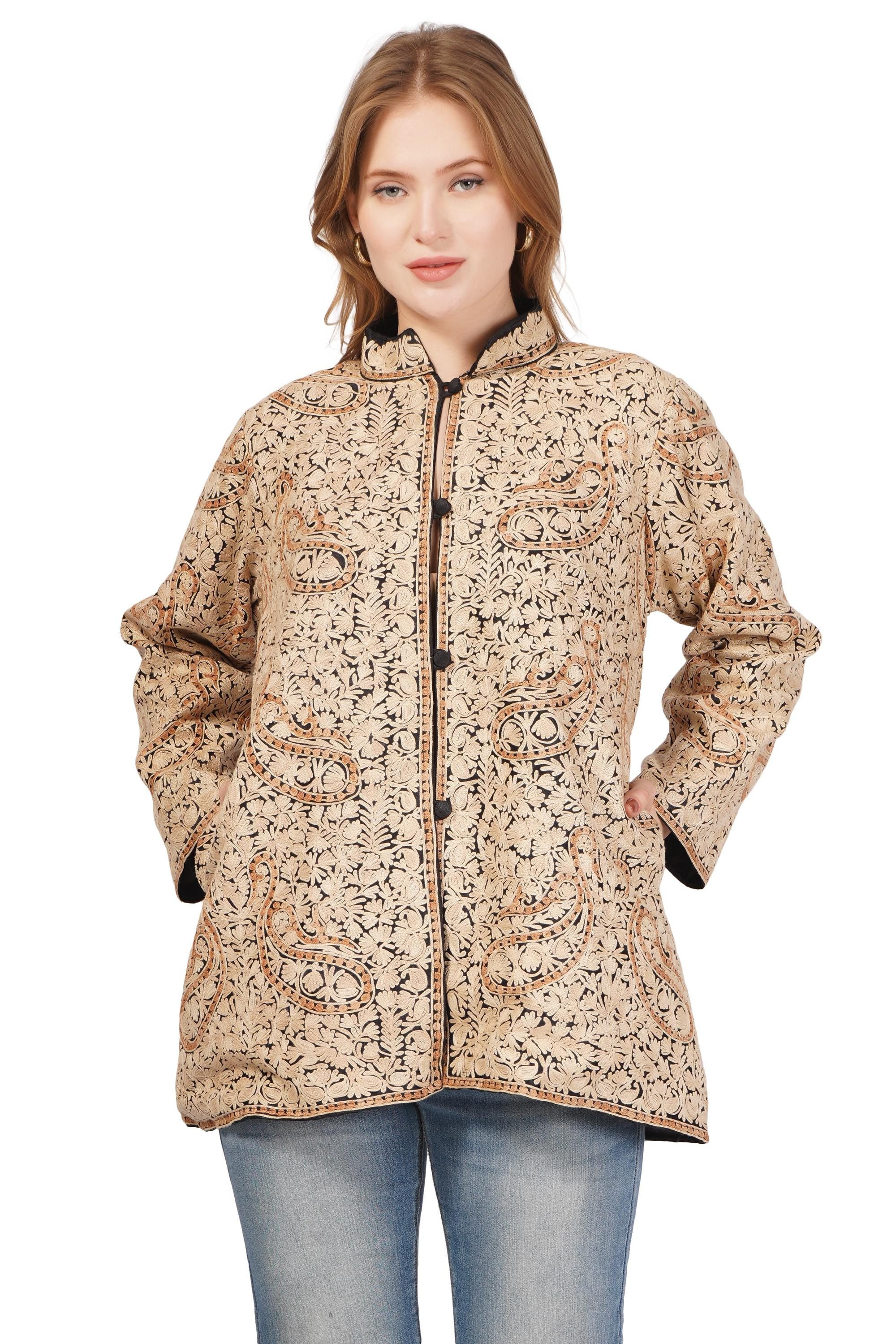 Kashmiri Bohemian Jacket, Short Embroidered Silk Coat, Ethnic Winter Outerwear, Handcrafted Fashion, Wool Jacket For Women