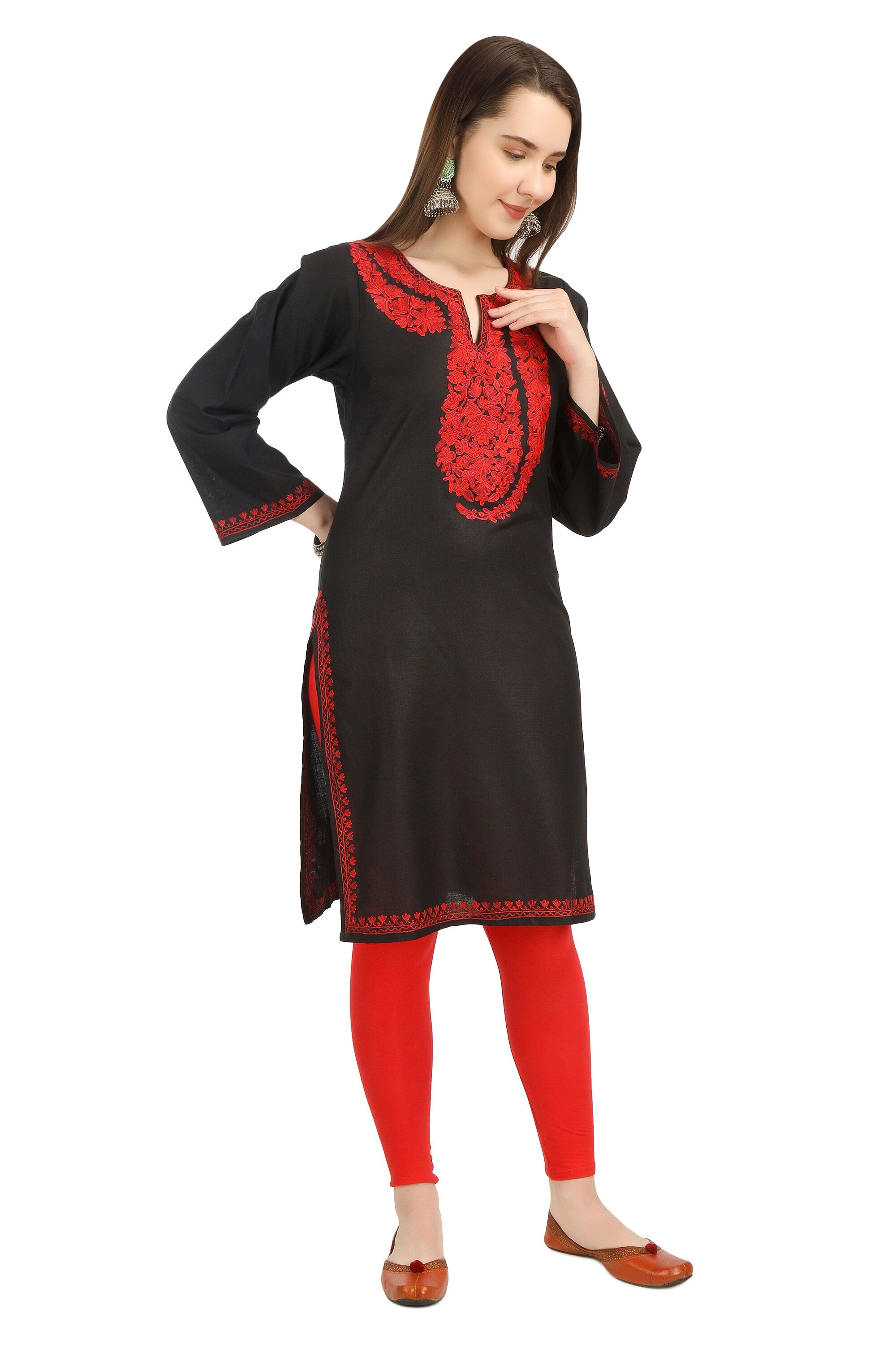 Aari Embroidered Cotton Kashmiri Kurti for Women, Indian Kurtis,