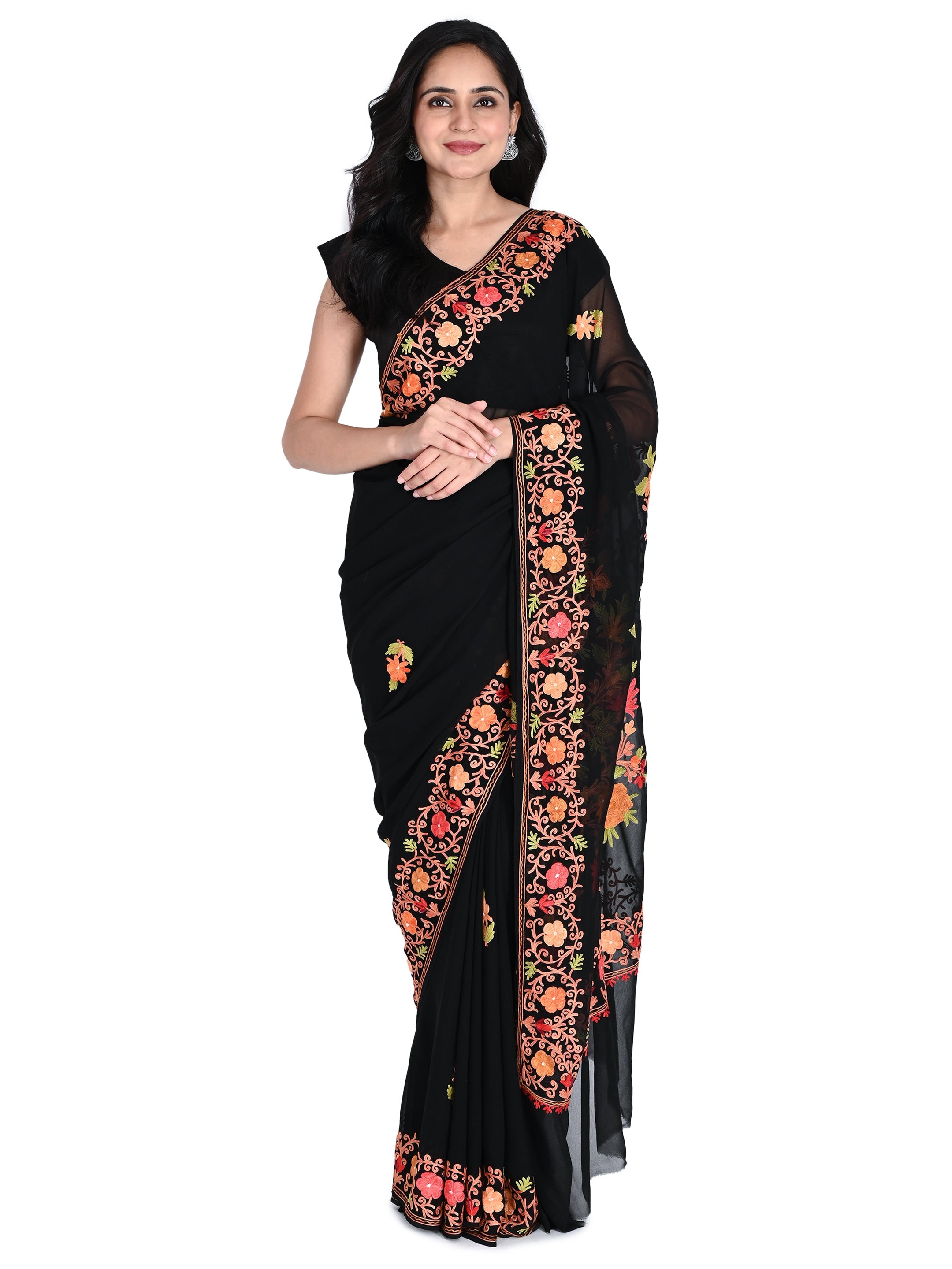 Kashmiri Aari Embroidered Georgette Saree with Unstitched Blouse BATIN