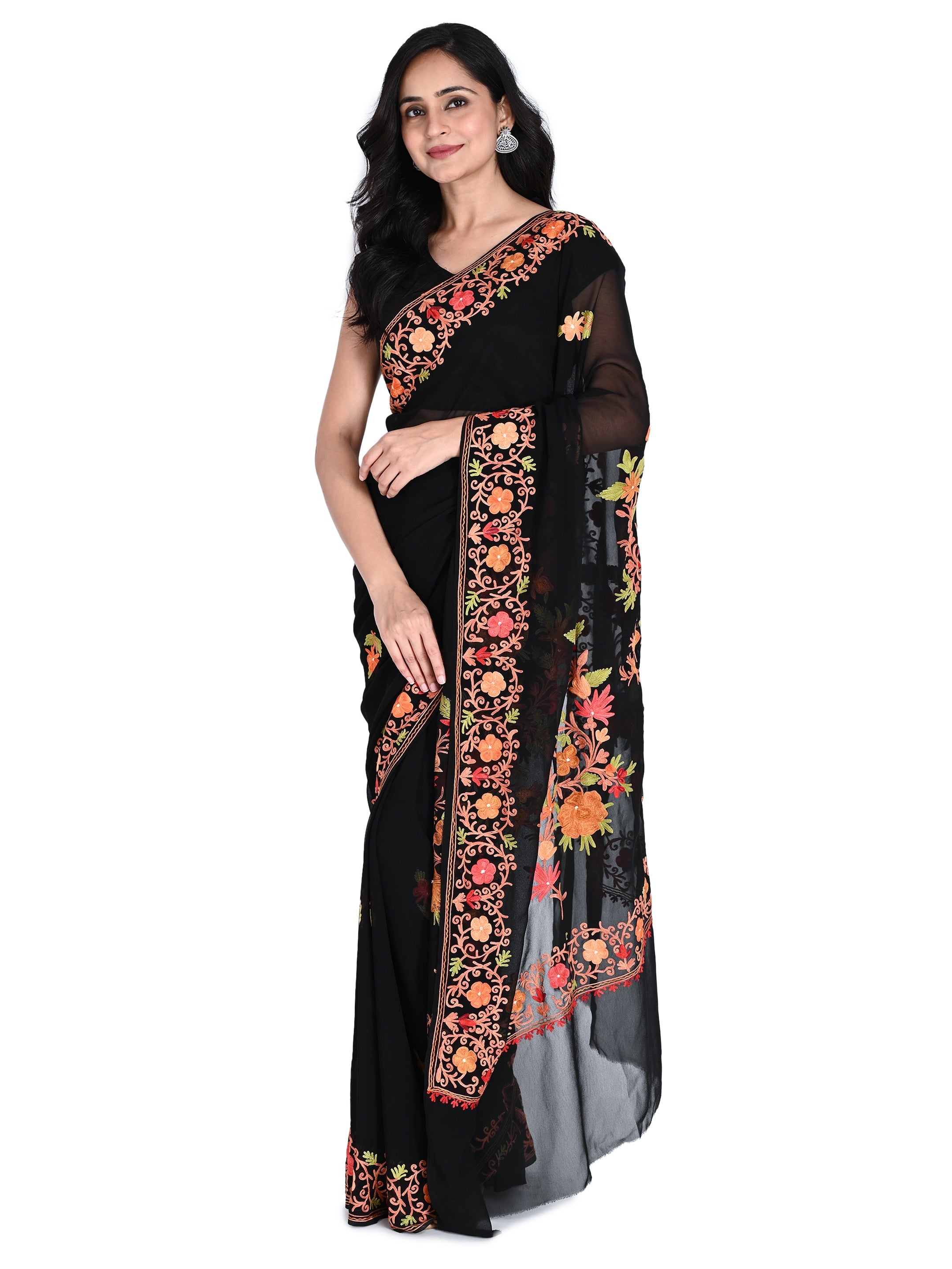 Kashmiri Aari Embroidered Georgette Saree with Unstitched Blouse BATIN