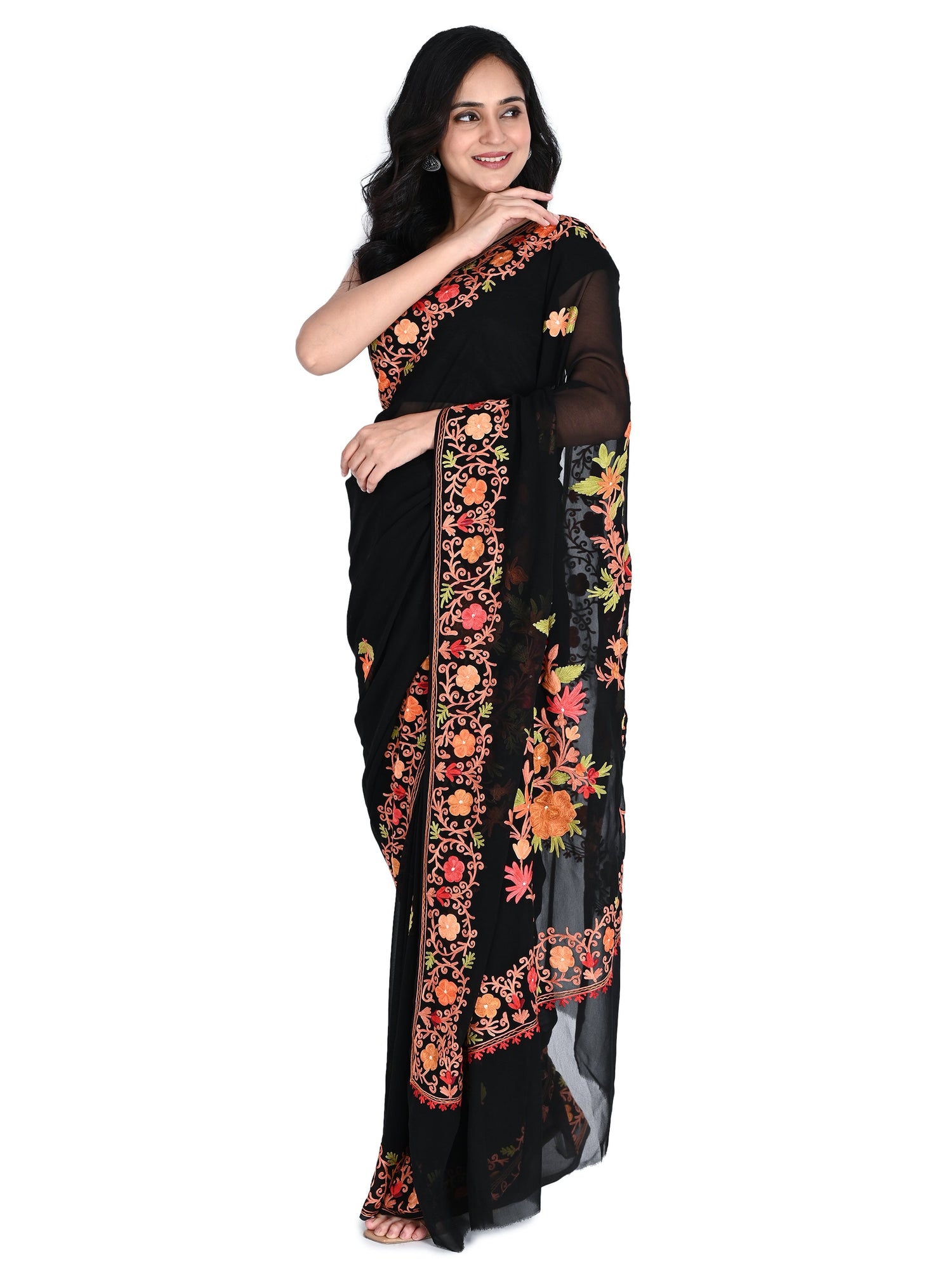 Kashmiri Aari Embroidered Georgette Saree with Unstitched Blouse BATIN