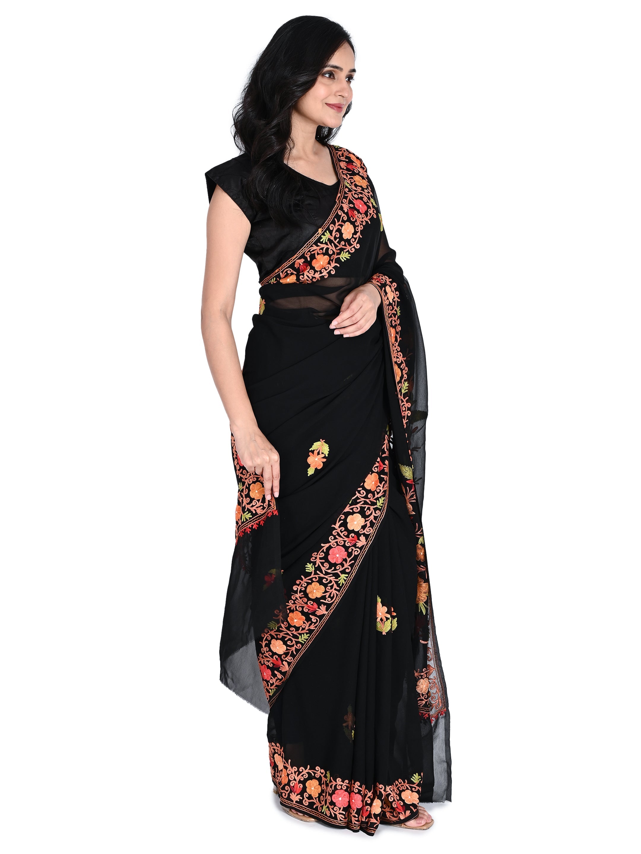 Kashmiri Aari Embroidered Georgette Saree with Unstitched Blouse BATIN
