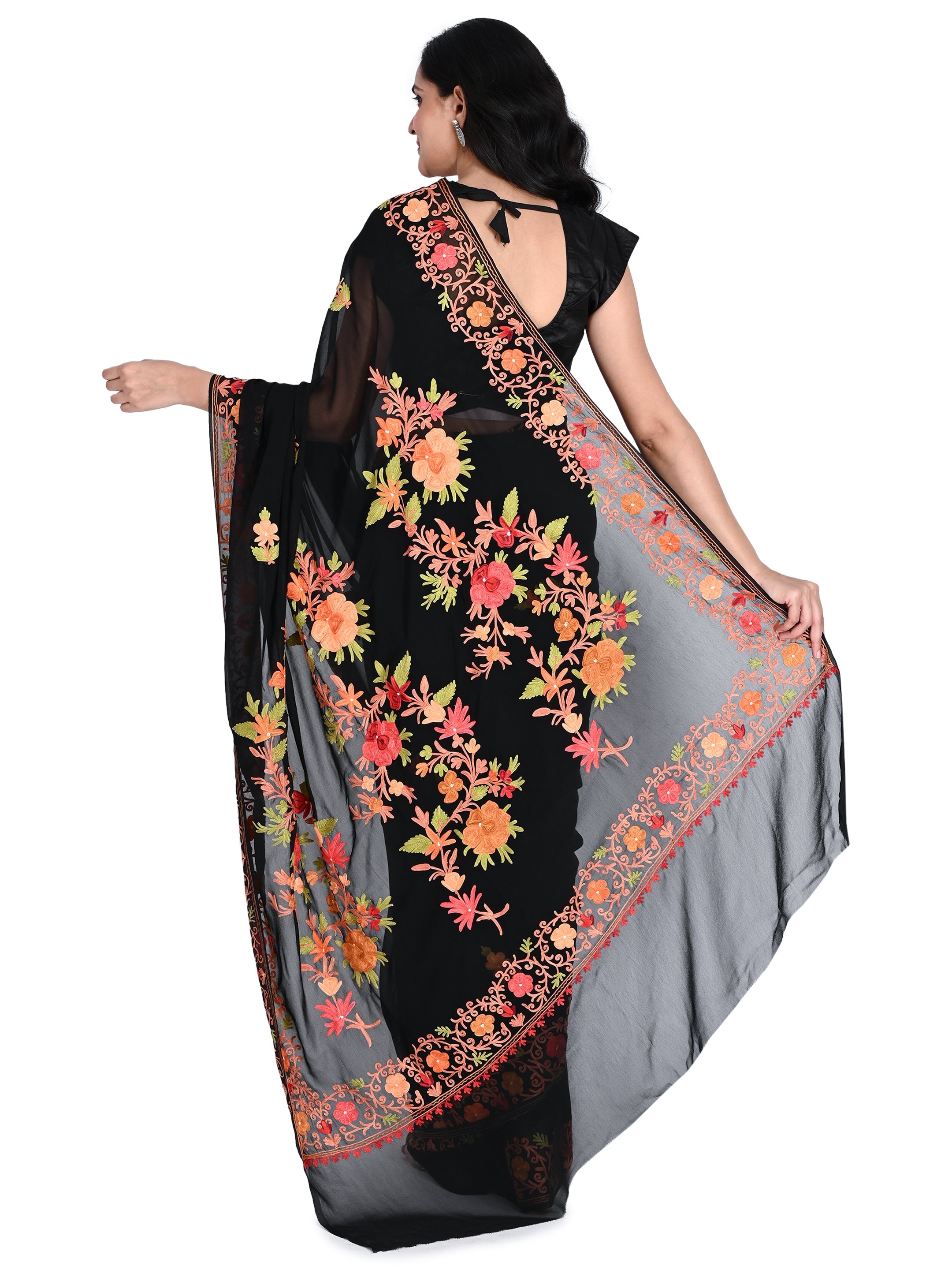 Kashmiri Aari Embroidered Georgette Saree with Unstitched Blouse BATIN
